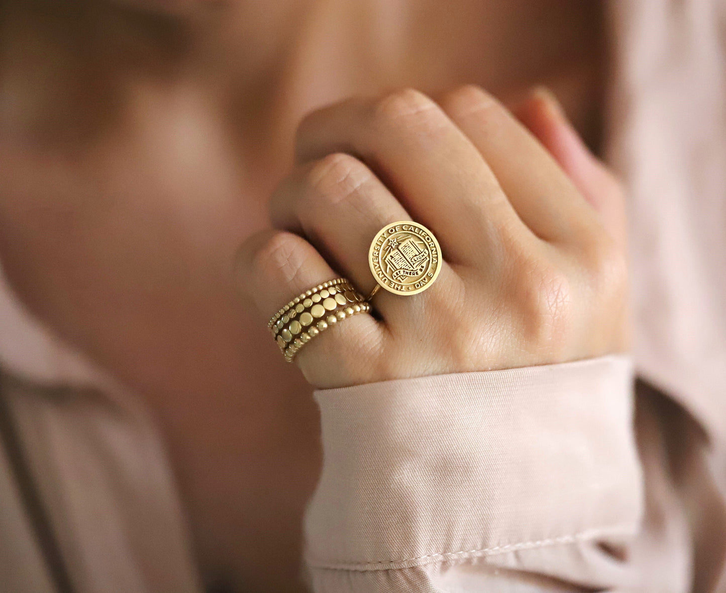 Dainty Gold College Class Ring – Personalized Graduation Ring with Custom School Logo or Initials, Solid Gold University Jewelry Gift