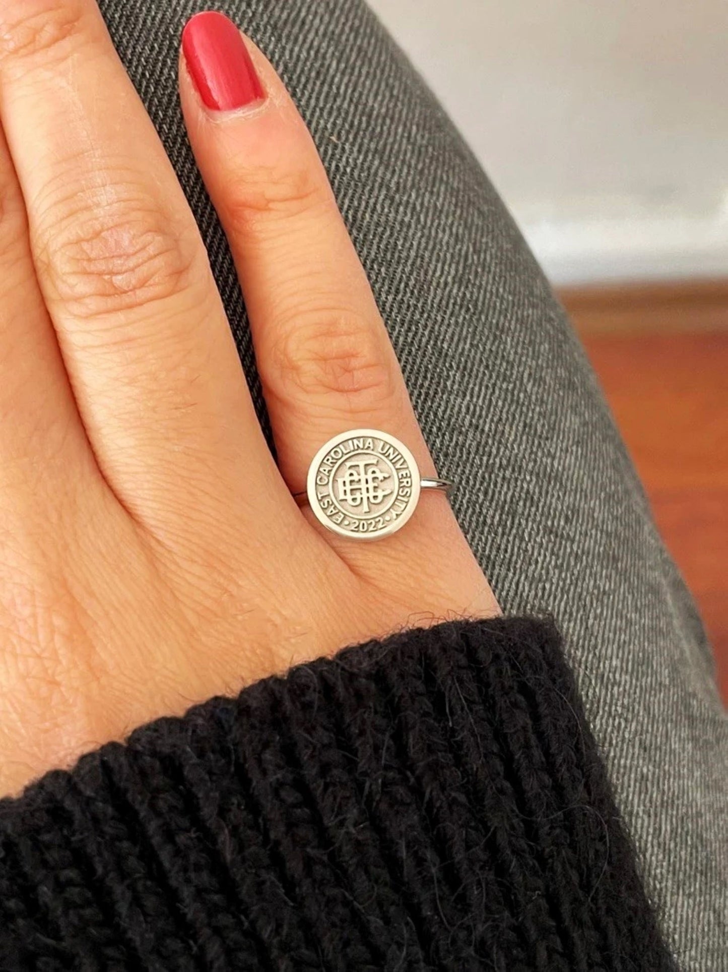 Dainty Gold College Class Ring – Personalized Graduation Ring with Custom School Logo or Initials, Solid Gold University Jewelry Gift