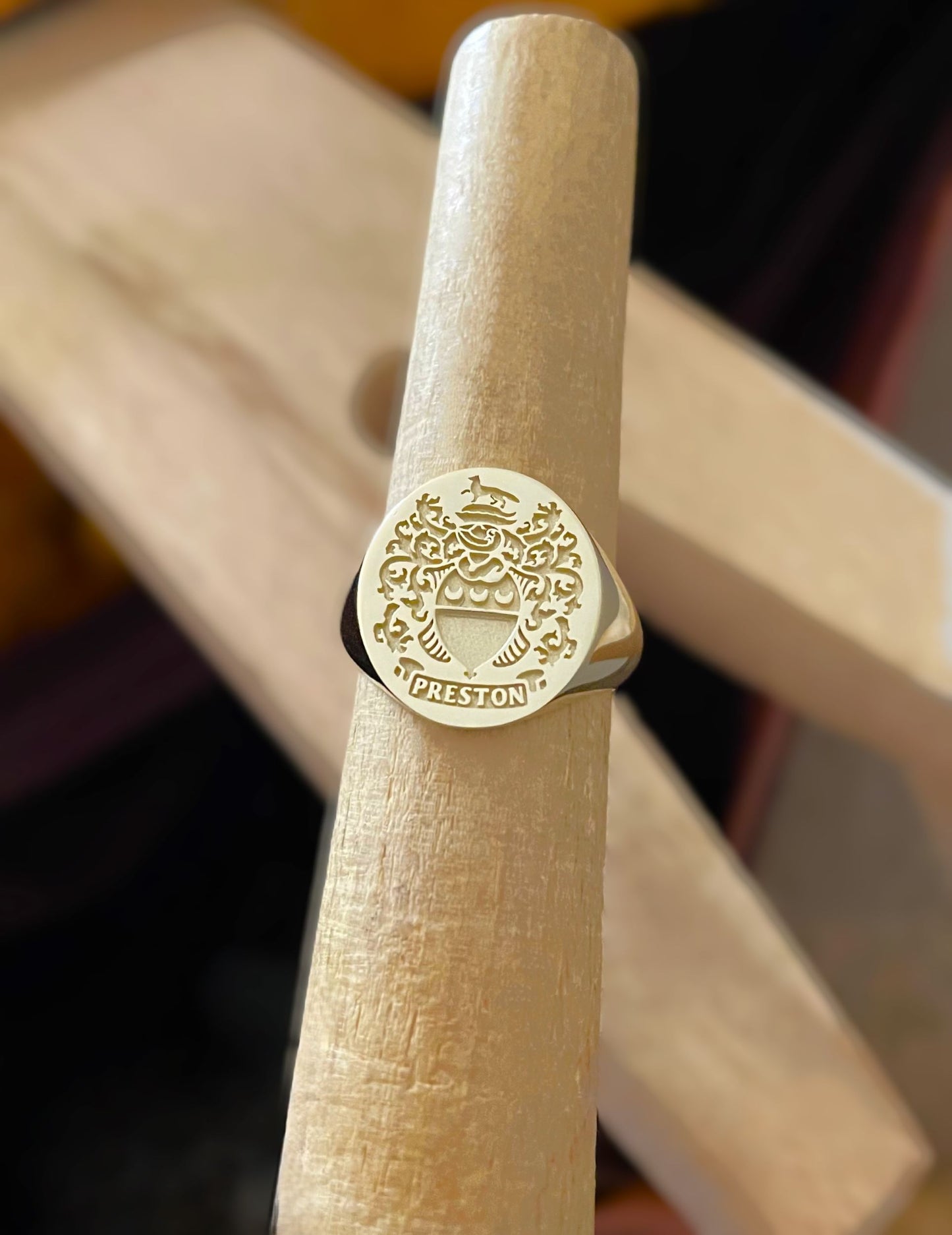 Solid Gold Family Crest Signet Ring – Custom Engraved Coat of Arms Jewelry Gift for Men, Father or Son
