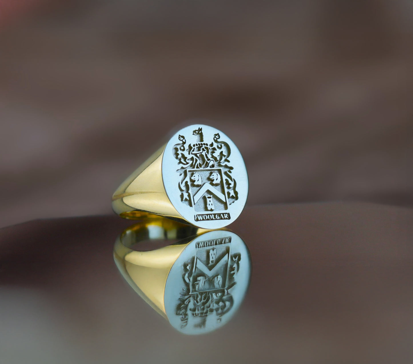 Solid Gold Family Crest Signet Ring – Custom Engraved Coat of Arms Jewelry Gift for Men, Father or Son