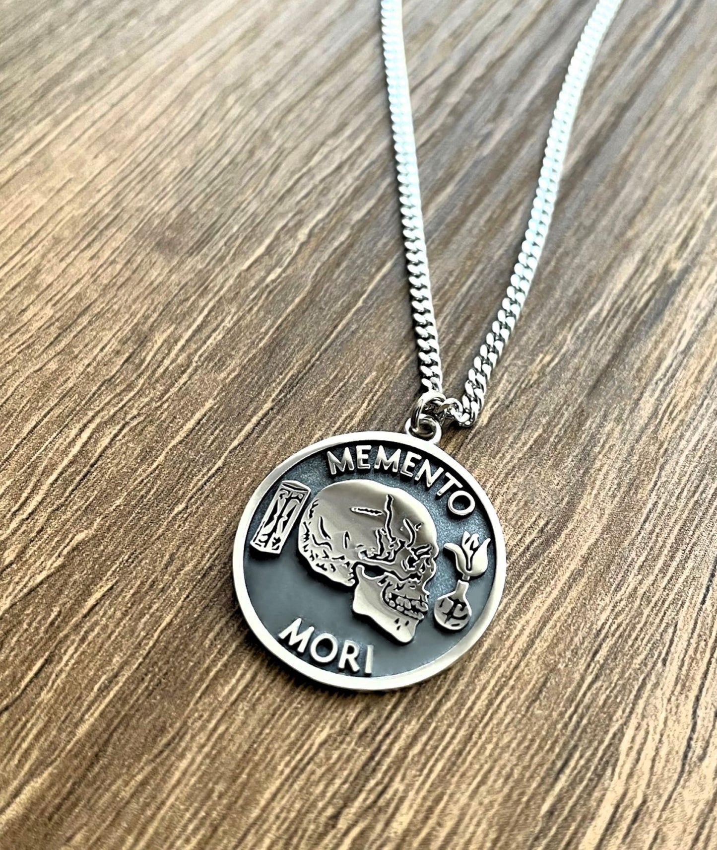 Sterling Silver Memento Mori Necklace – Engraved Stoic Philosophy Pendant