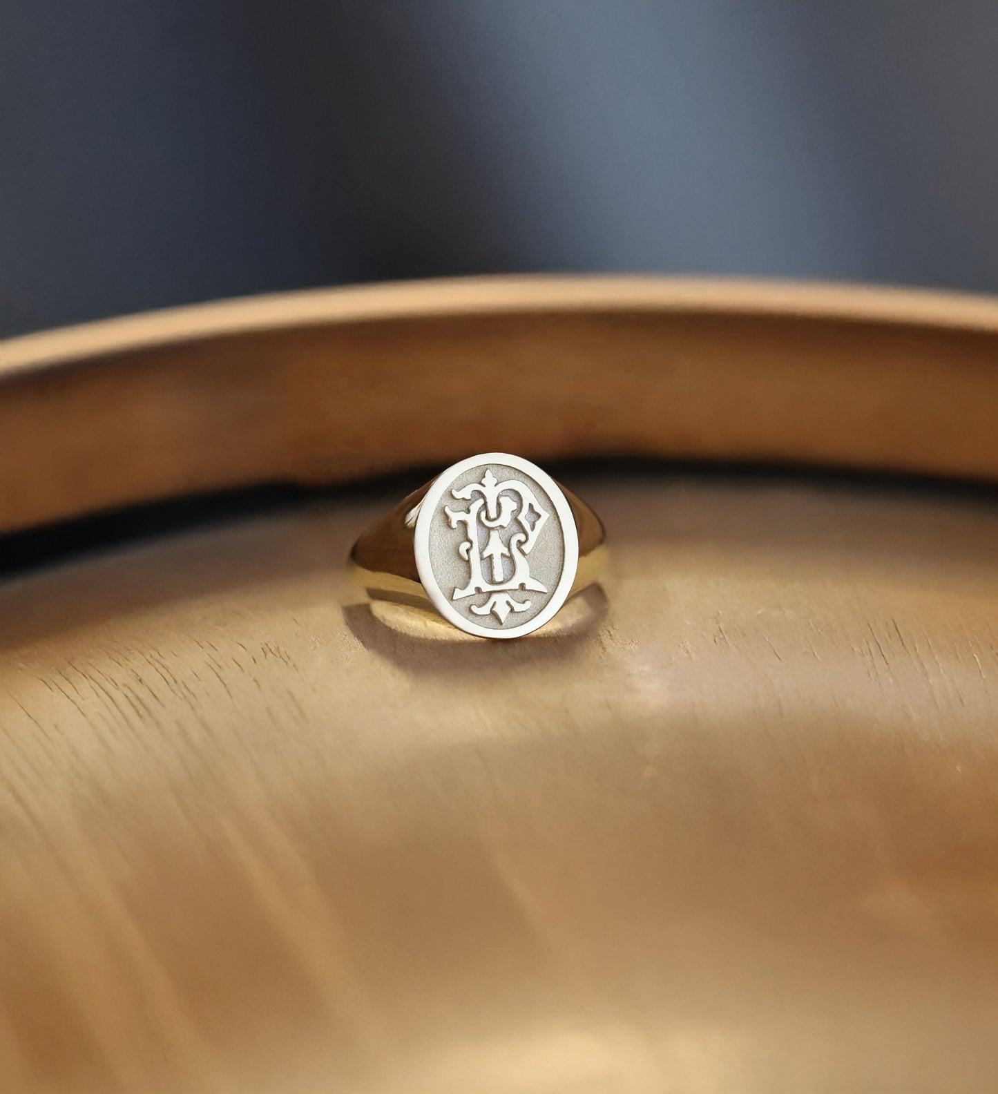 Custom Solid Gold Signet Ring – Engraved Personalized Initials or Design