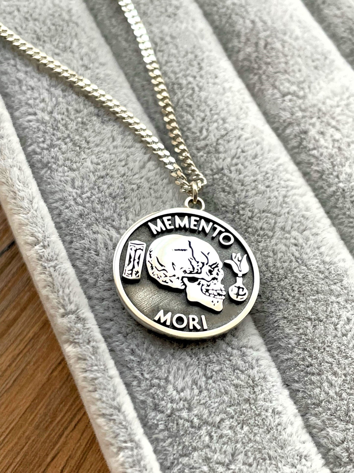 Sterling Silver Memento Mori Necklace – Engraved Stoic Philosophy Pendant