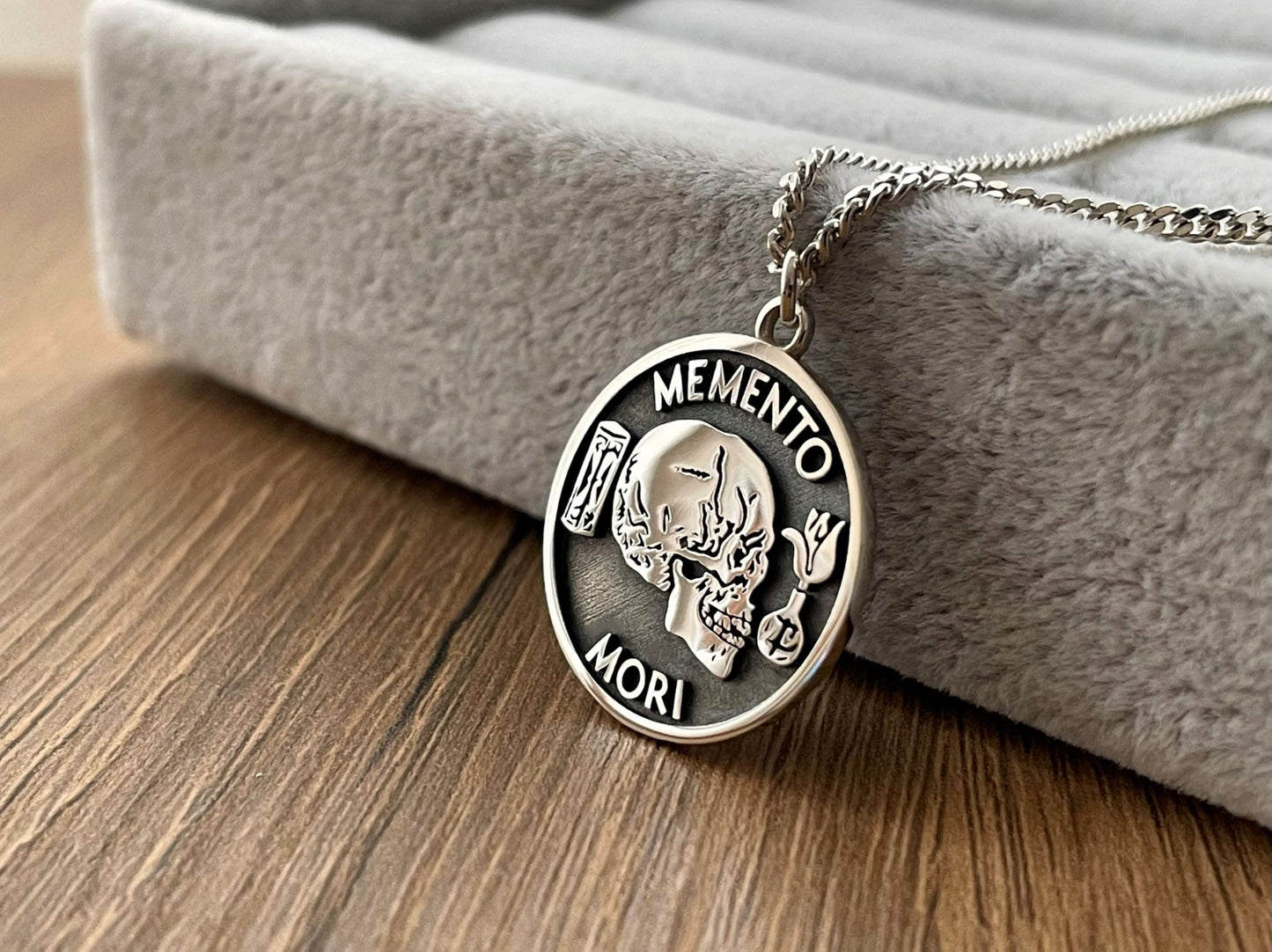 Sterling Silver Memento Mori Necklace – Engraved Stoic Philosophy Pendant
