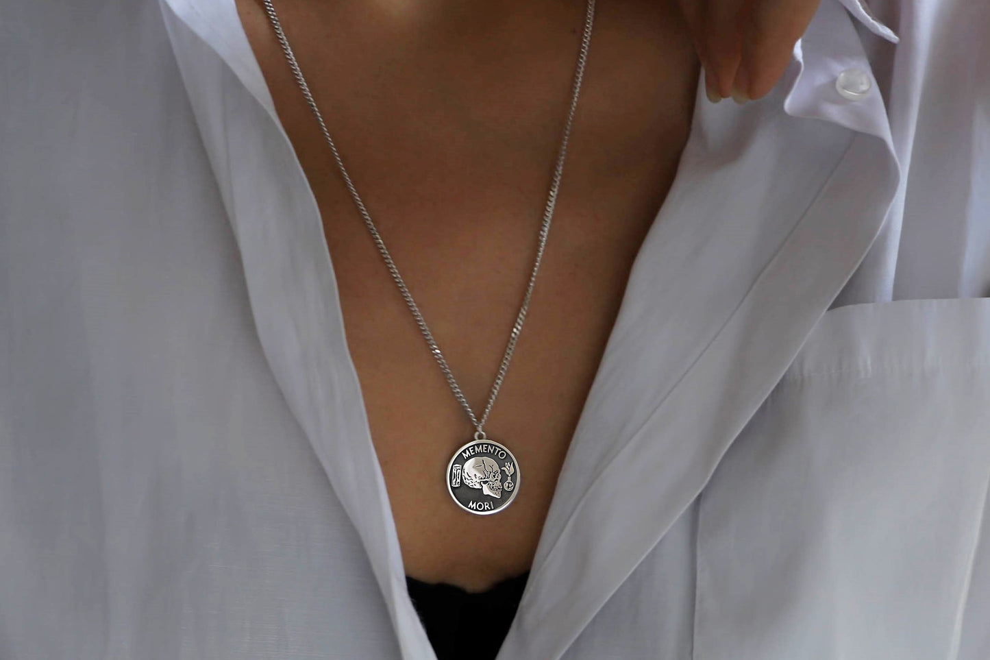 Sterling Silver Memento Mori Necklace – Engraved Stoic Philosophy Pendant