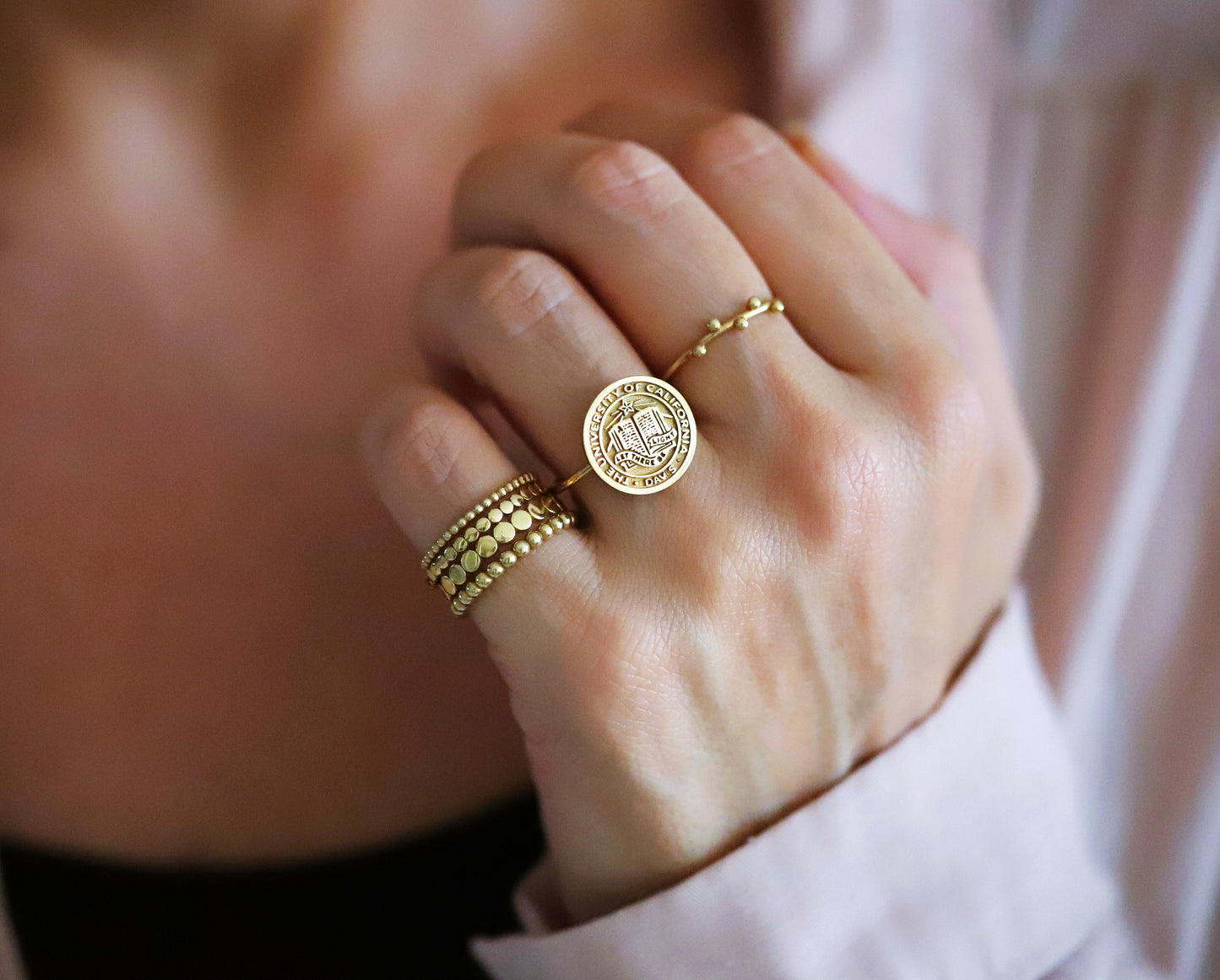 Dainty Gold College Class Ring – Personalized Graduation Ring with Custom School Logo or Initials, Solid Gold University Jewelry Gift