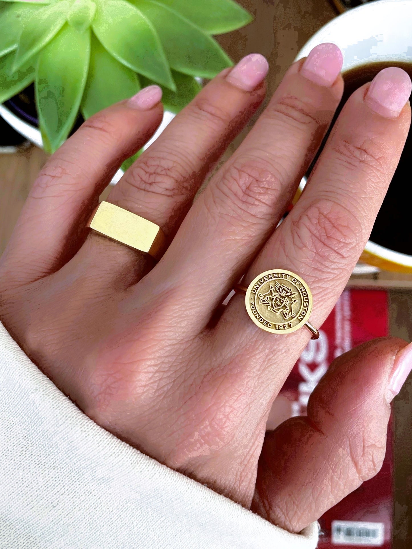Dainty Gold College Class Ring – Personalized Graduation Ring with Custom School Logo or Initials, Solid Gold University Jewelry Gift