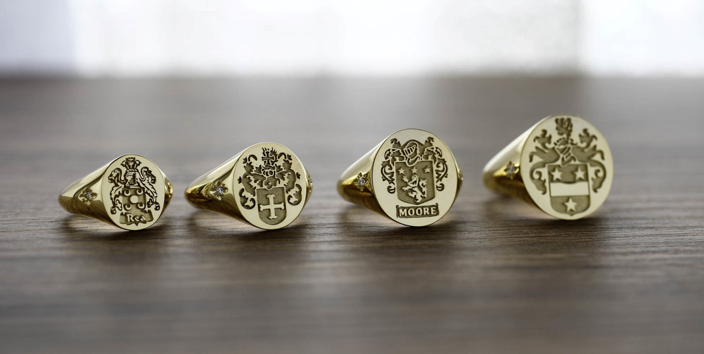 Diamond Gold Family Crest Signet Ring