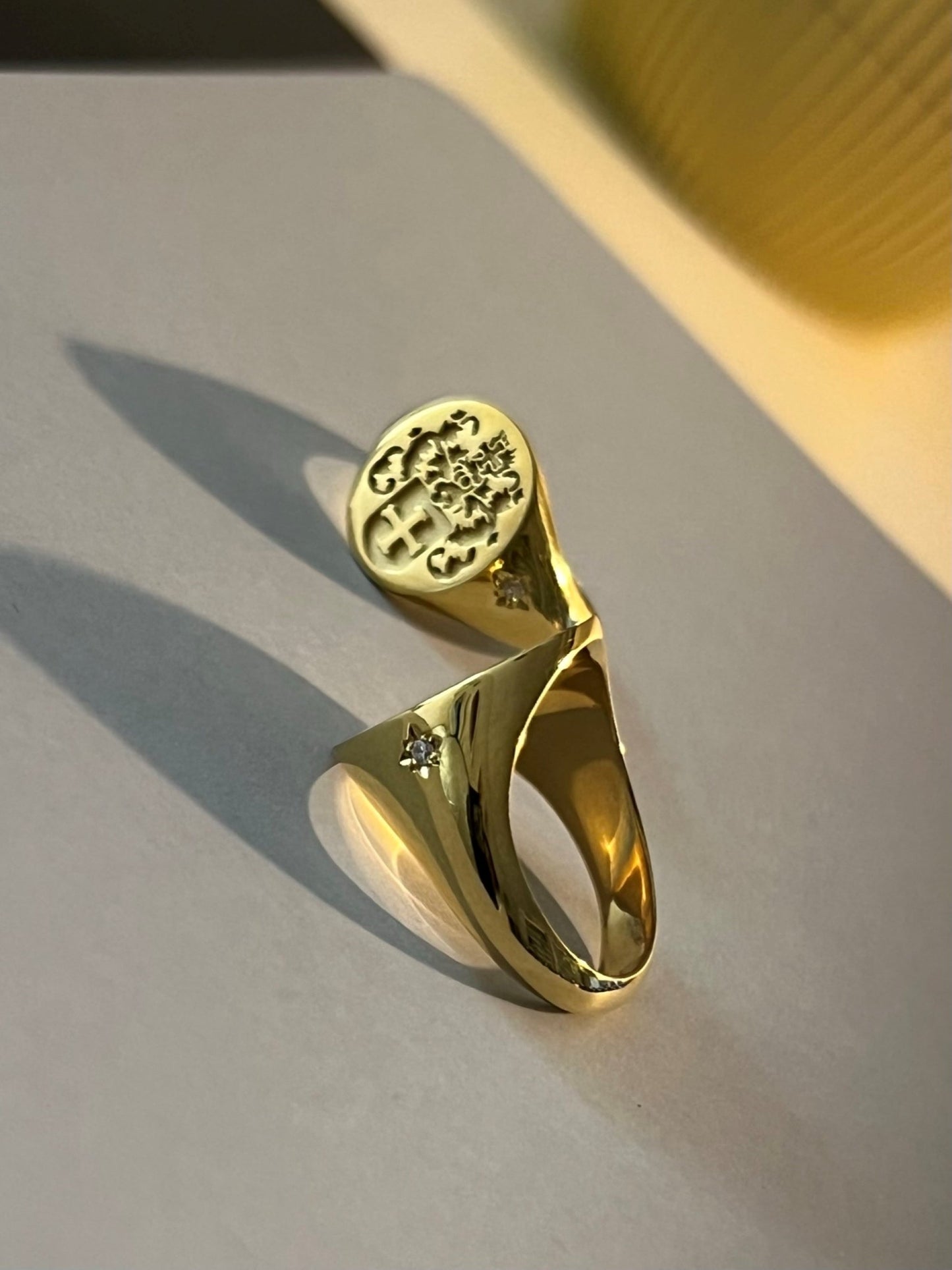 Diamond Gold Family Crest Signet Ring