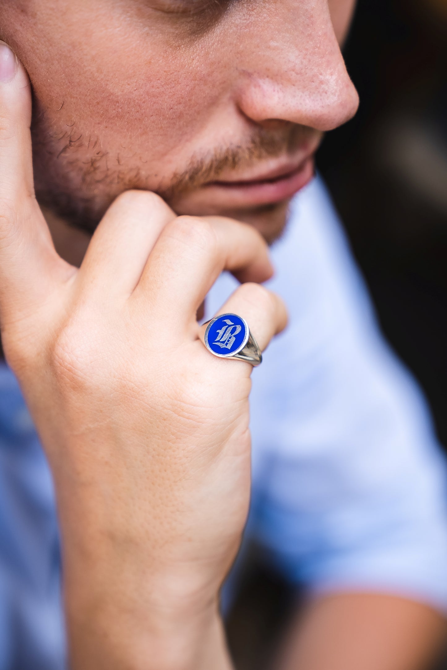 Gold Blue Enamel Initial  Signet Ring