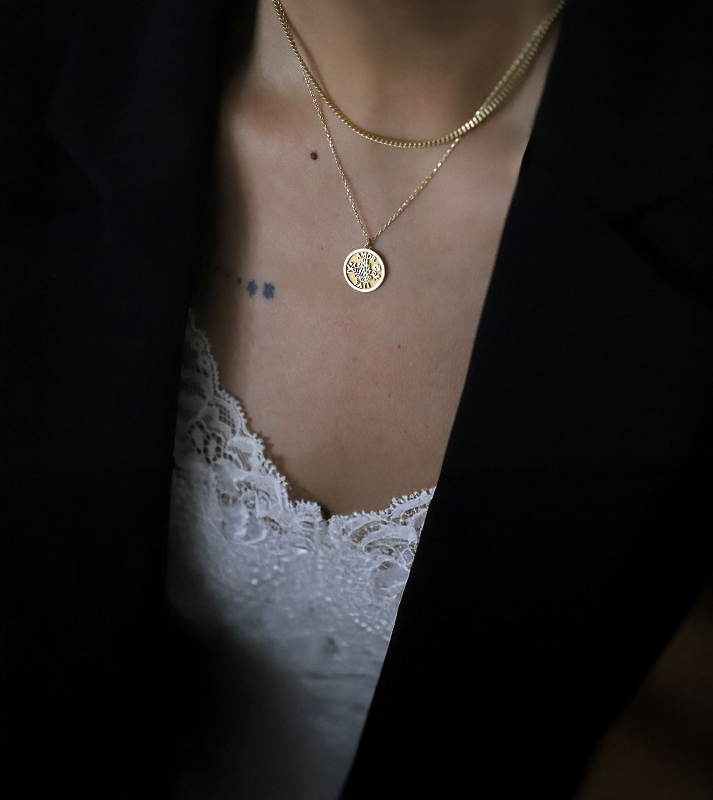 Solid Gold Amor Fati Necklace – Love of Fate Stoic Pendant in Gold or Silver
