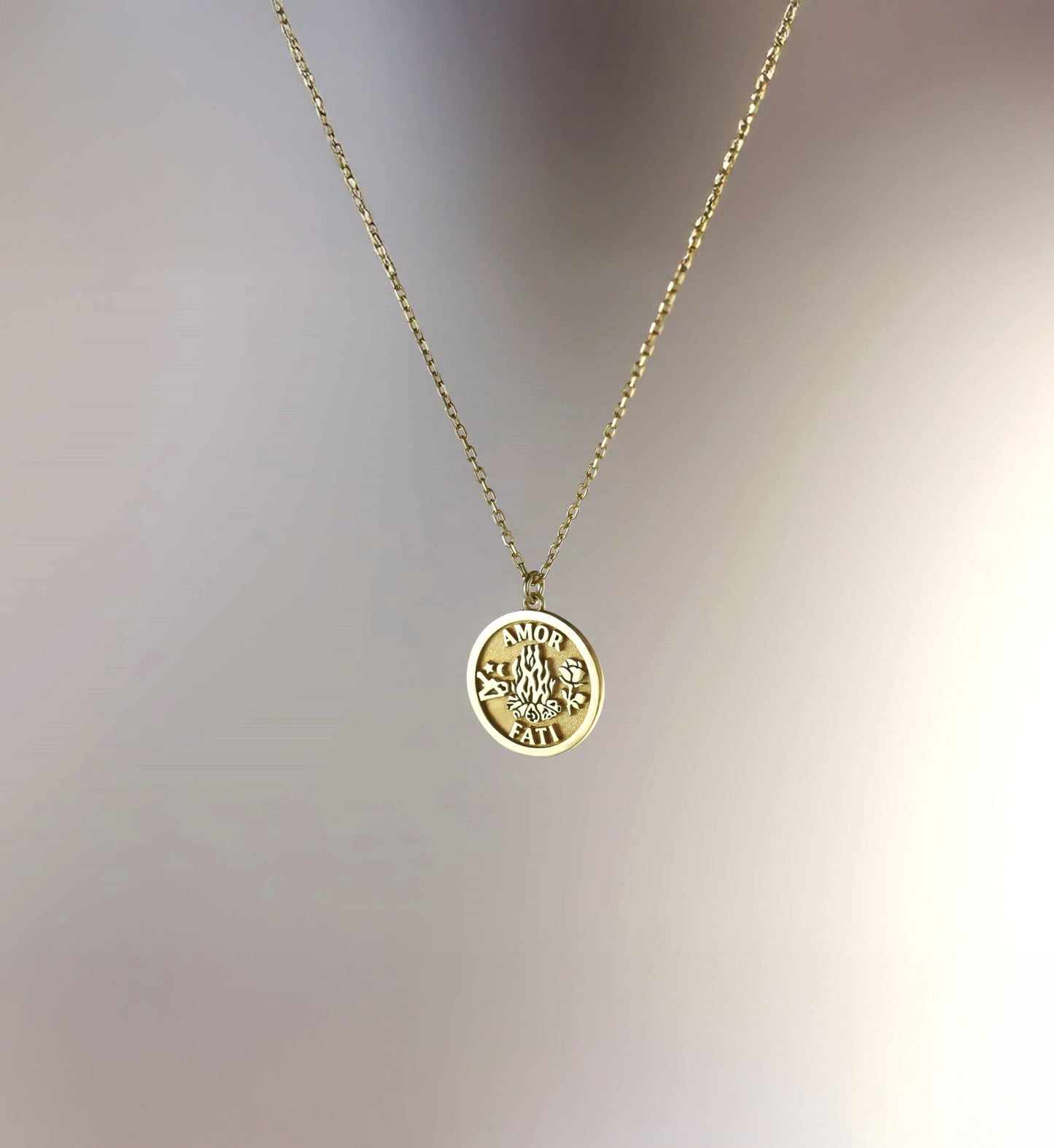 Solid Gold Amor Fati Necklace – Love of Fate Stoic Pendant in Gold or Silver