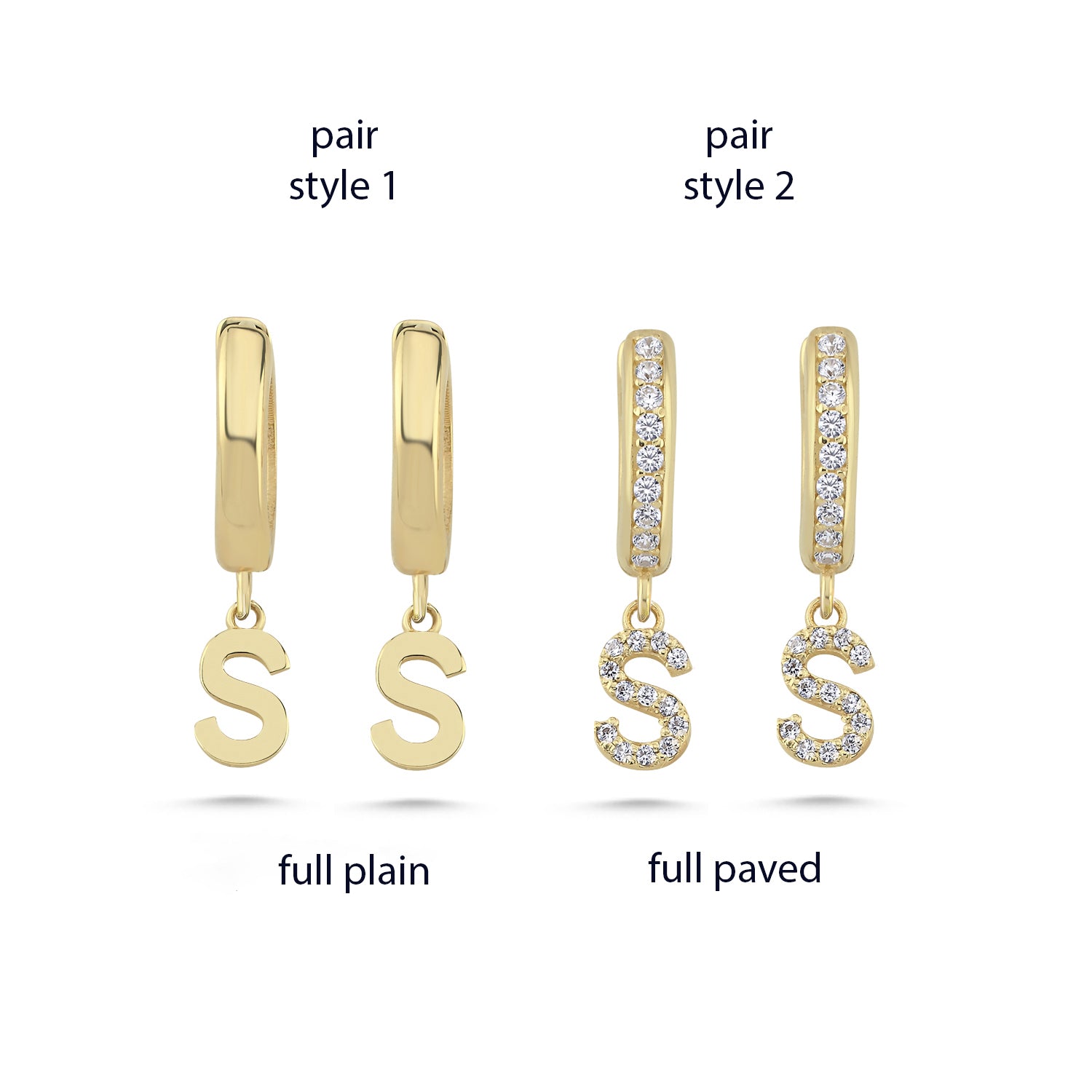 solid gold earrings with 'S' initials on a white background