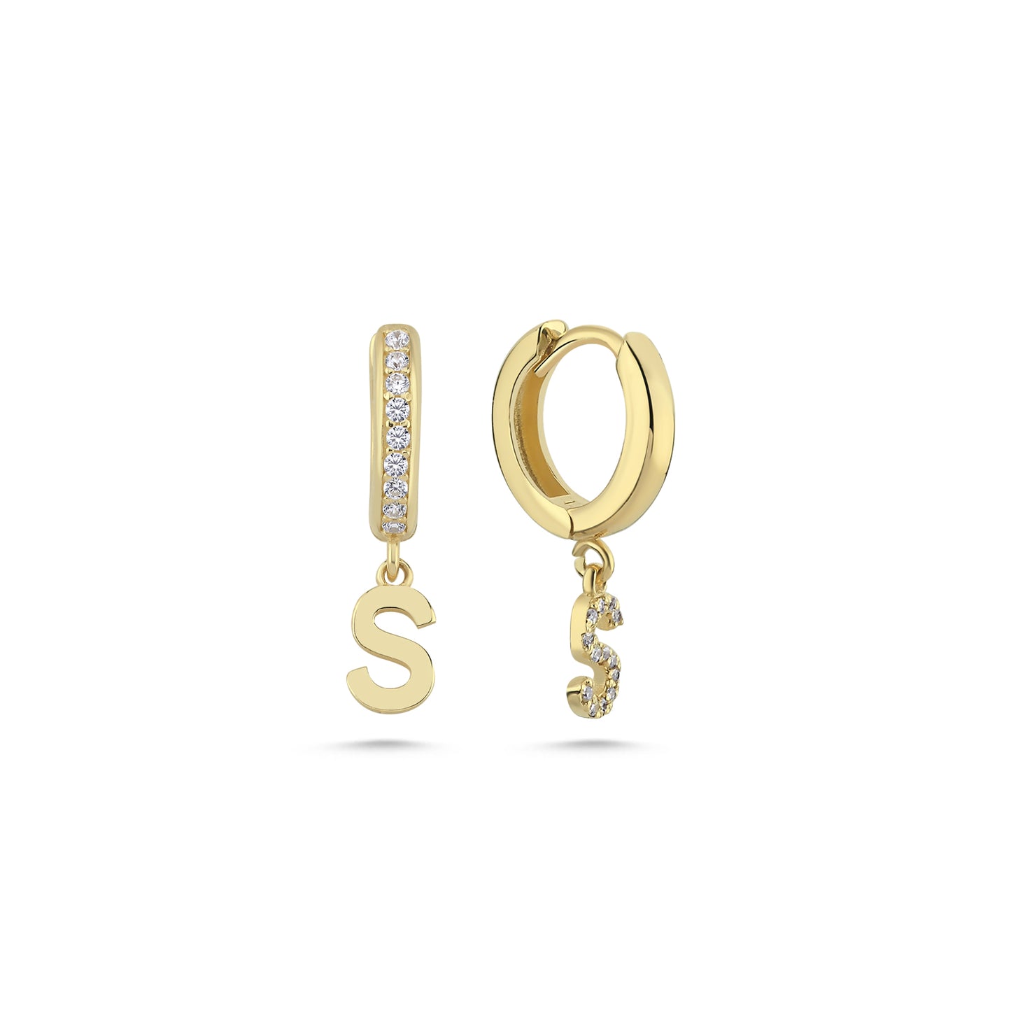 custom hoop earrings with initial charms on a white background