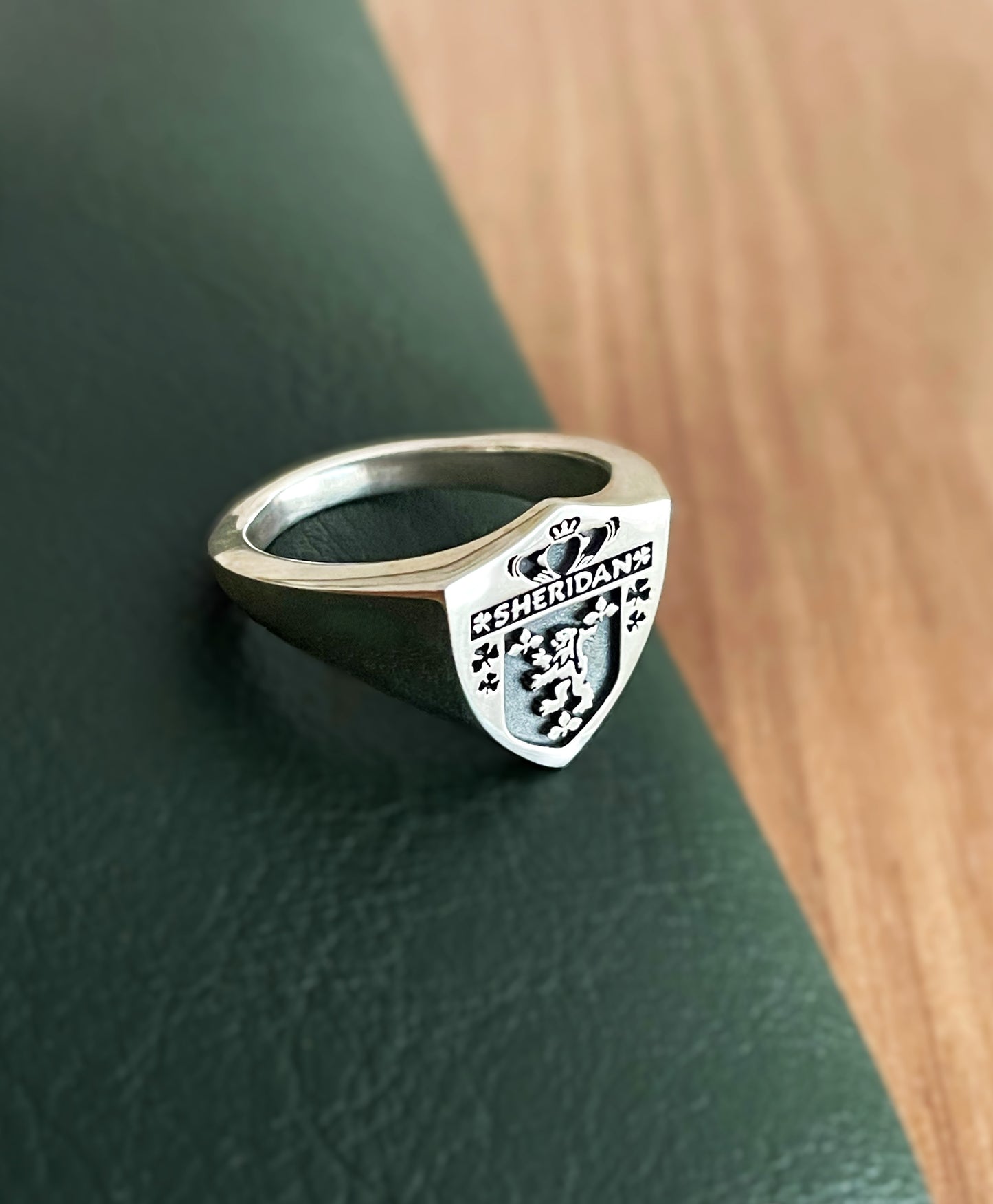 Custom Shield Family Crest Signet Ring – Engraved Coat of Arms Jewelry in Sterling Silver or Gold Plated