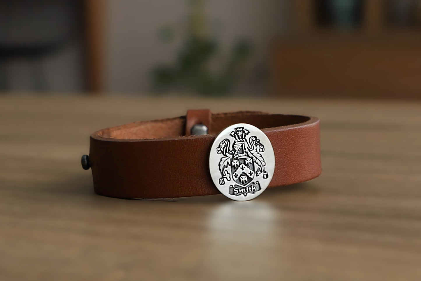 Custom Family Crest Men’s Bracelet – Coat of Arms Engraved Sterling Silver and Leather Bracelet, Personalized Heritage Jewelry Gift Bracelet for Him