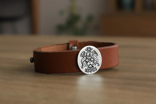 Custom Family Crest Men’s Bracelet – Coat of Arms Engraved Sterling Silver and Leather Bracelet, Personalized Heritage Jewelry Gift Bracelet for Him