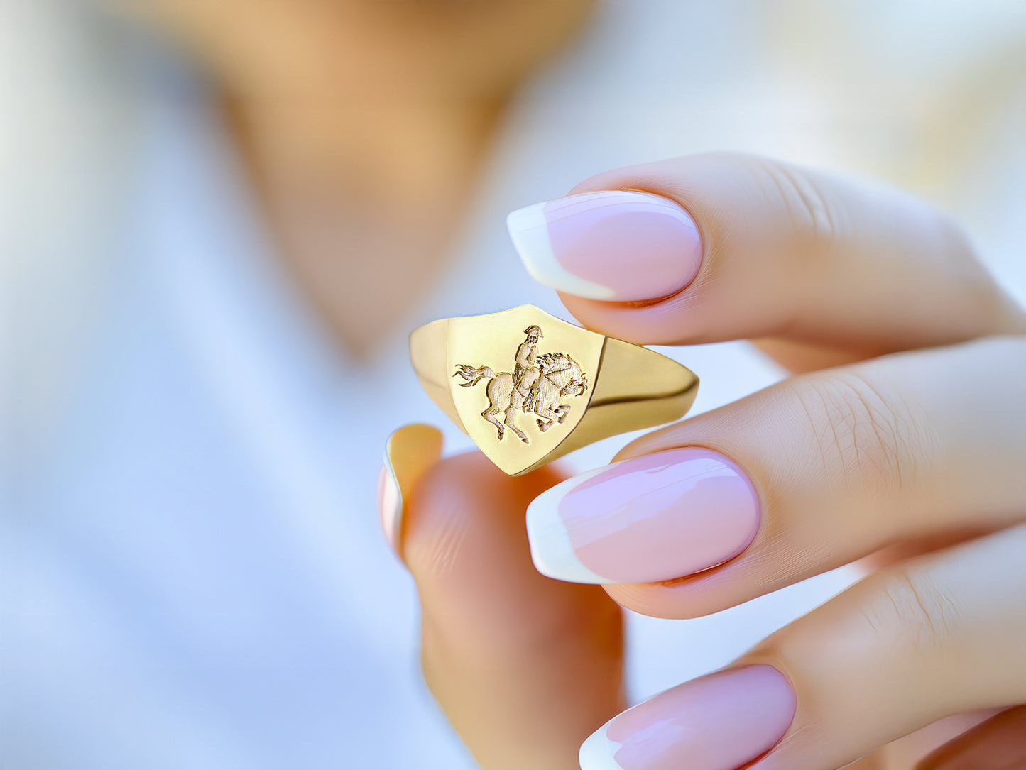 Solid Gold Family Crest Shield Signet Ring – Custom Engraved Coat of Arms Jewelry in 10k, 14k or 18k Gold