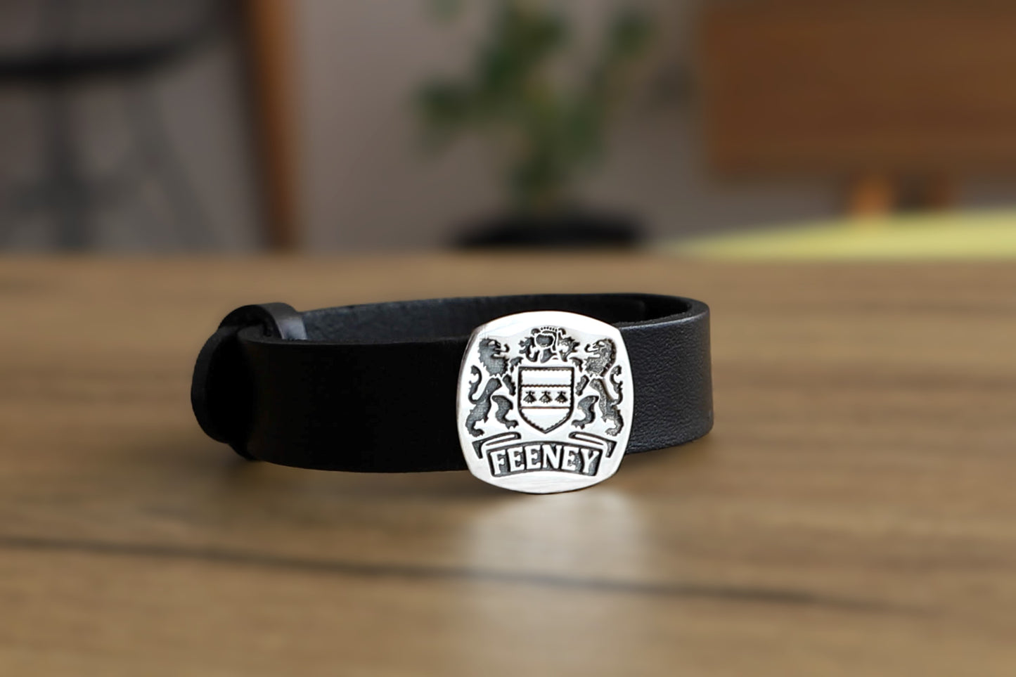 Custom Family Crest Men’s Bracelet – Coat of Arms Engraved Sterling Silver and Leather Bracelet, Personalized Heritage Jewelry Gift Bracelet for Him