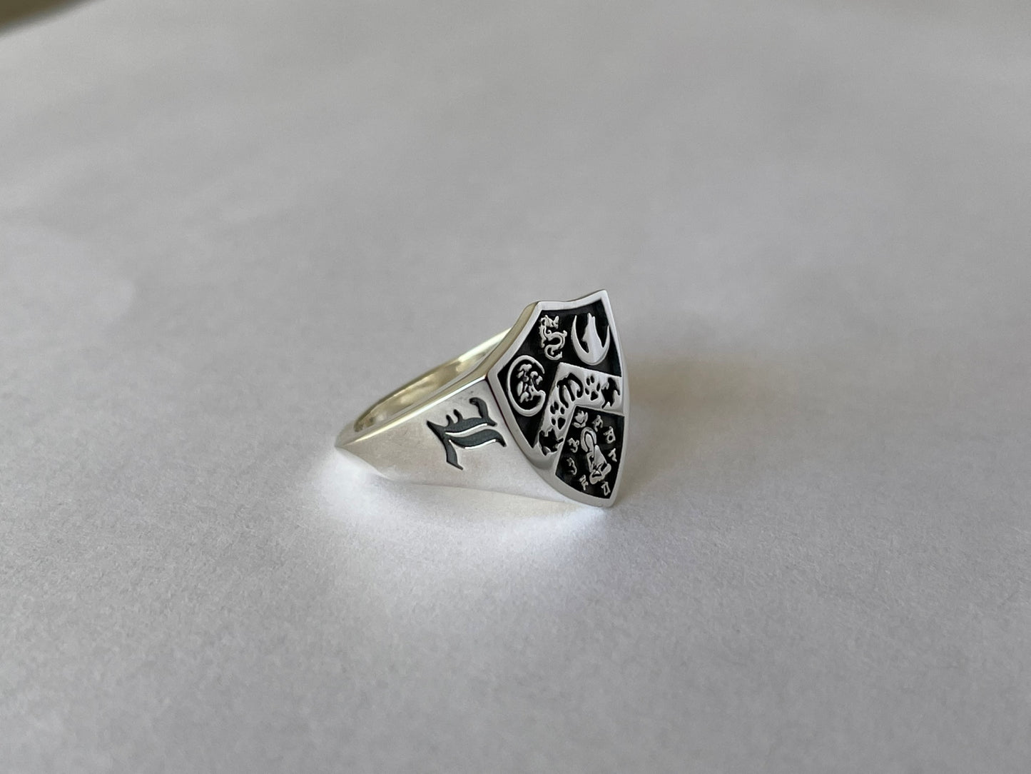 Custom Shield Family Crest Signet Ring – Engraved Coat of Arms Jewelry in Sterling Silver or Gold Plated