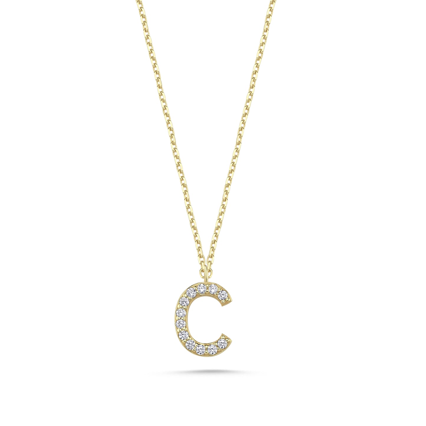 Gold necklace with diamond paved 'C' pendant on a white background
