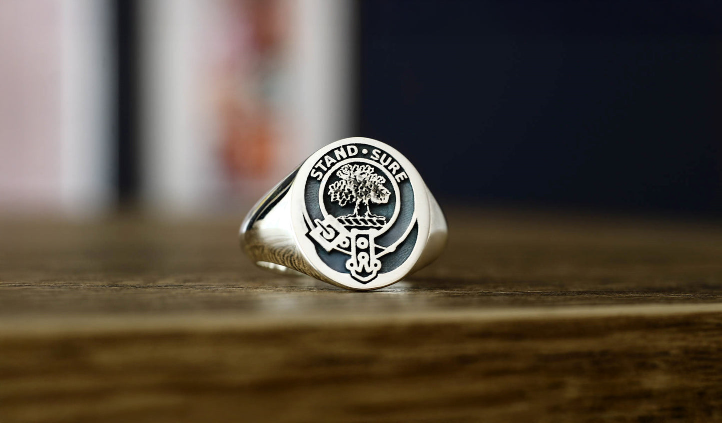 Scottish Clan Anderson Crest Signet Ring – Engraved Family Coat of Arms Jewelry in Sterling Silver or Gold Plated