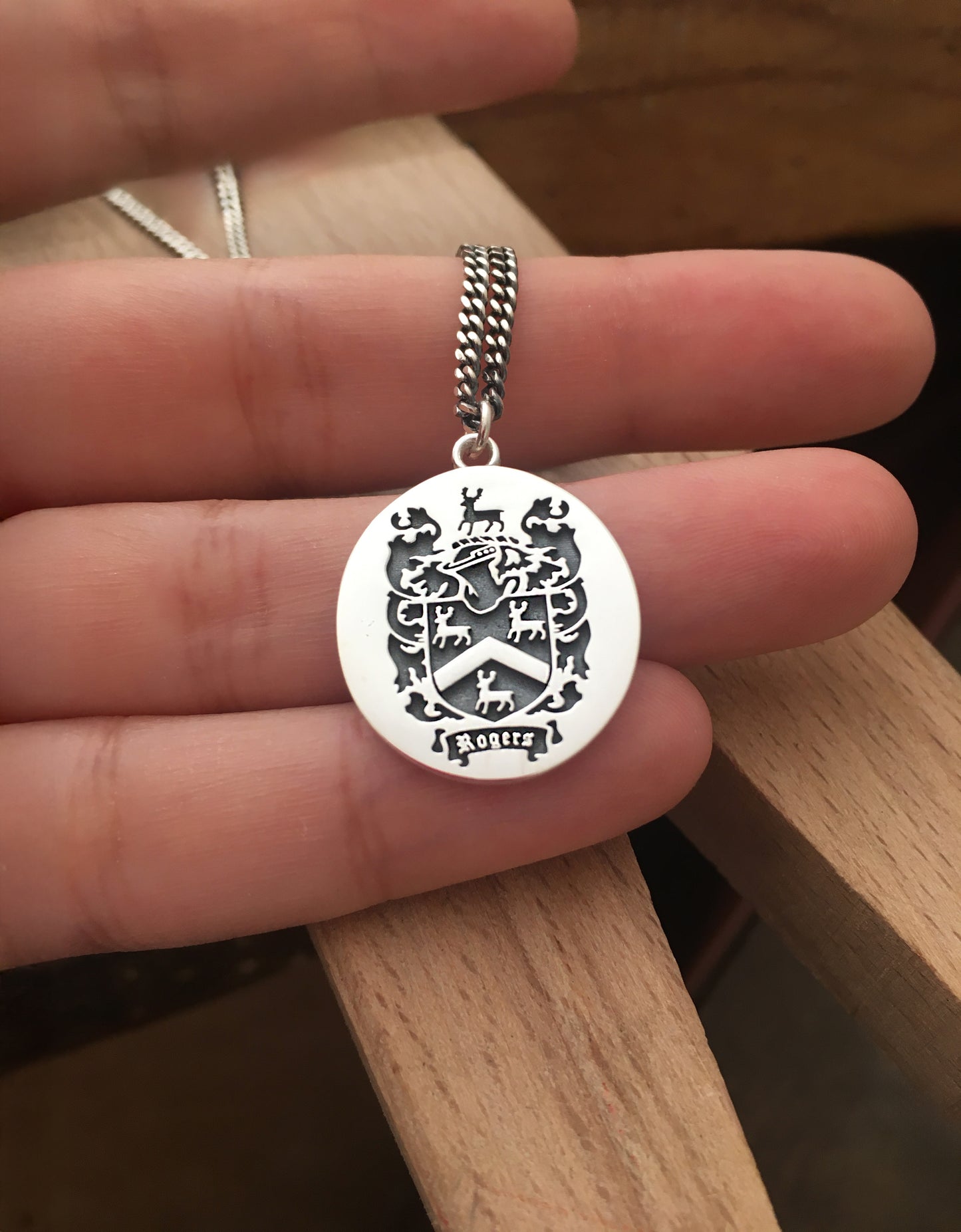 Custom Family Crest Pendant Necklace – Engraved Coat of Arms Jewelry Gift for Men