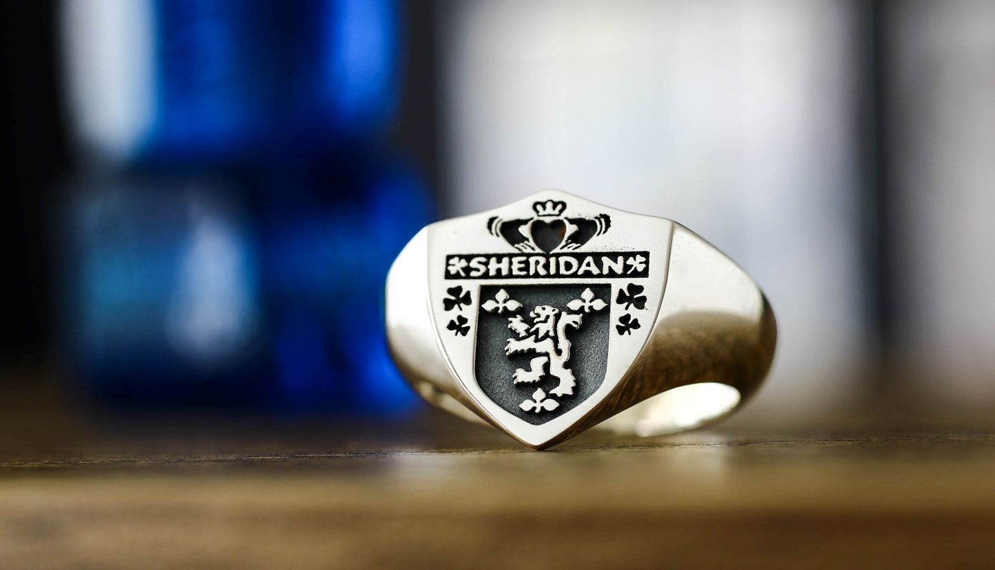 Custom Shield Family Crest Signet Ring – Engraved Coat of Arms Jewelry in Sterling Silver or Gold Plated
