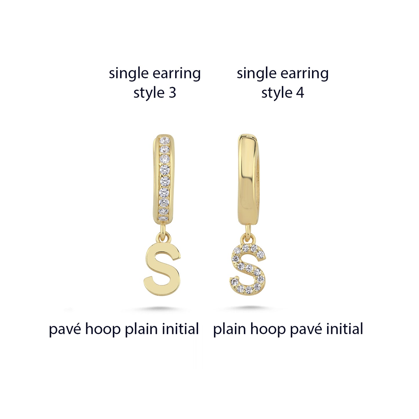 Gold dainty hoop earrings with 'S' initial charms on a white background