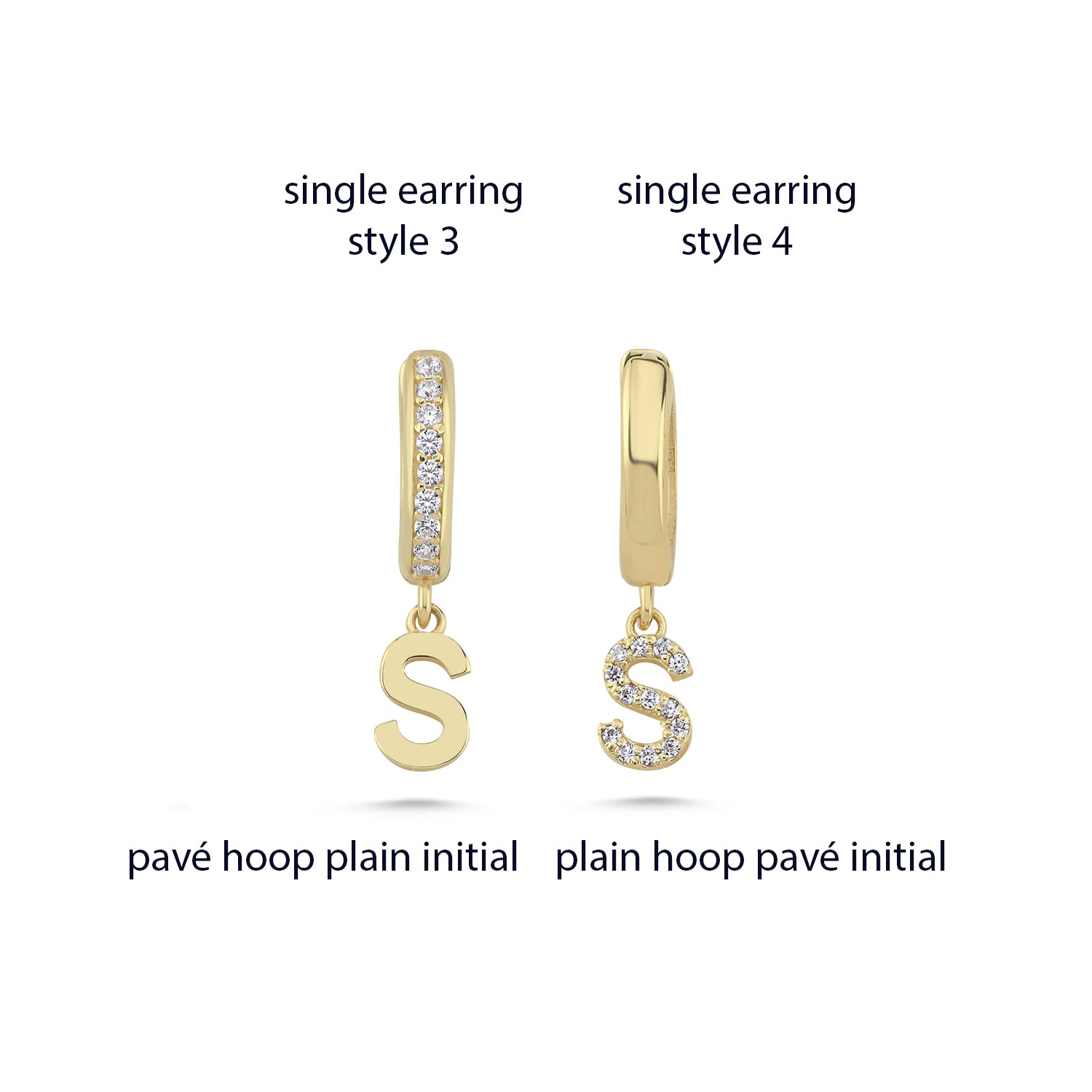 Gold dainty hoop earrings with 'S' initial charms on a white background
