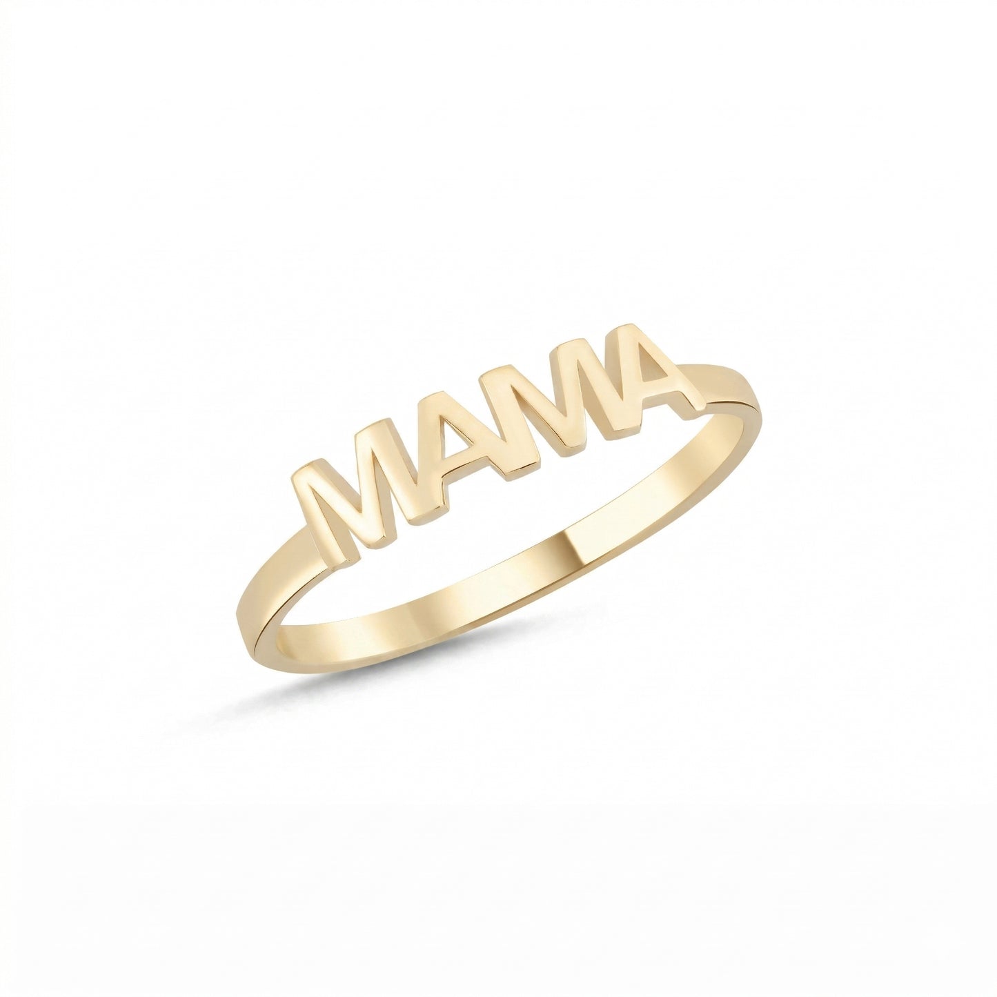 Gold ring with 'MAMA' letters on a white background
