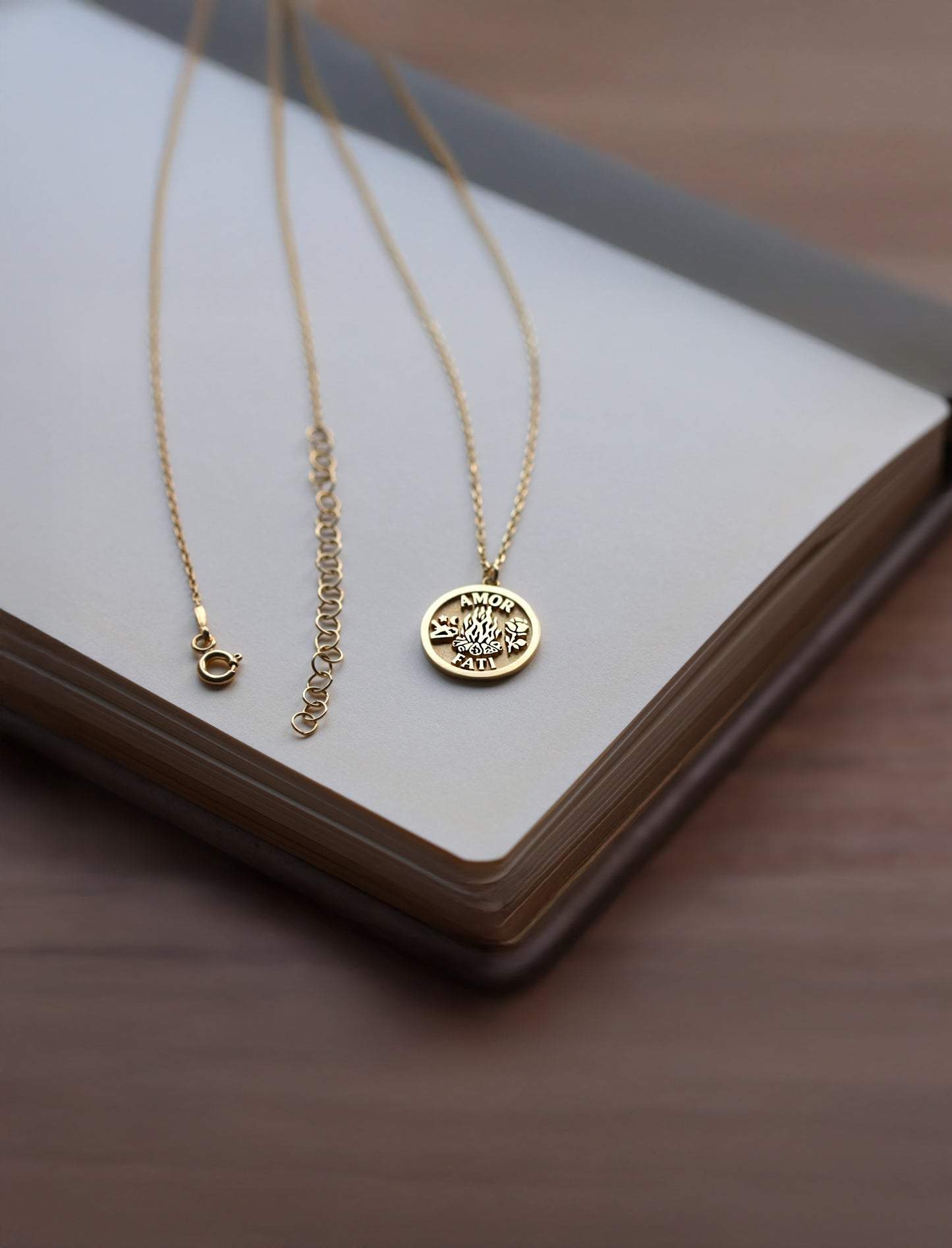 Solid Gold Amor Fati Necklace – Love of Fate Stoic Pendant in Gold or Silver
