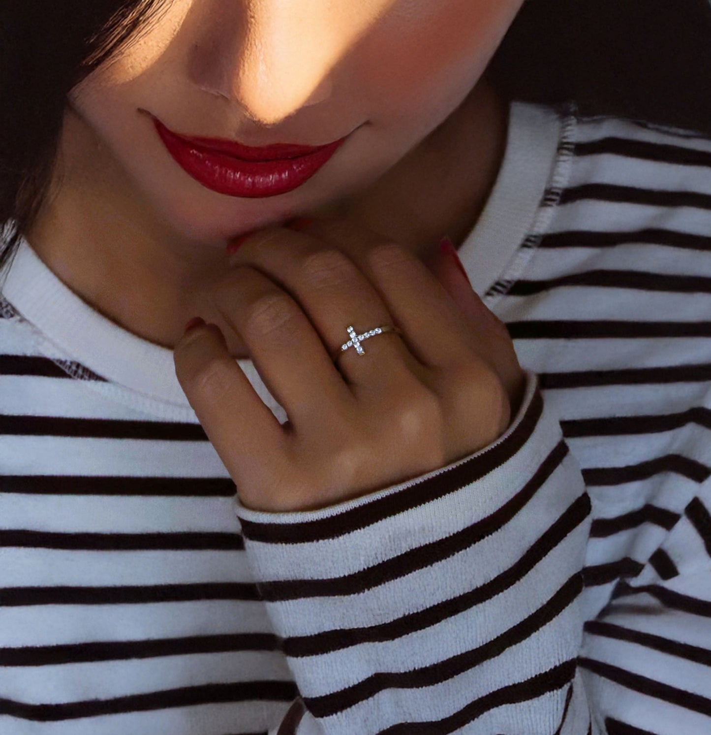 Gold Diamond Cross Ring – Dainty Solid Gold Cross Ring with Cz or Diamond Stones, Minimalist Faith Jewelry Gift for Women