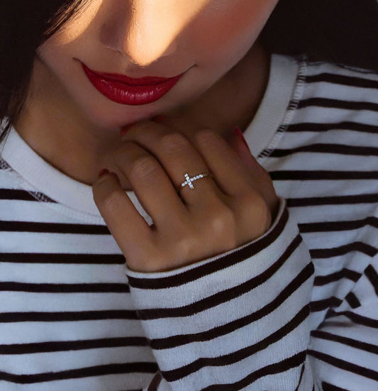 Gold Diamond Cross Ring – Dainty Solid Gold Cross Ring with Cz or Diamond Stones, Minimalist Faith Jewelry Gift for Women