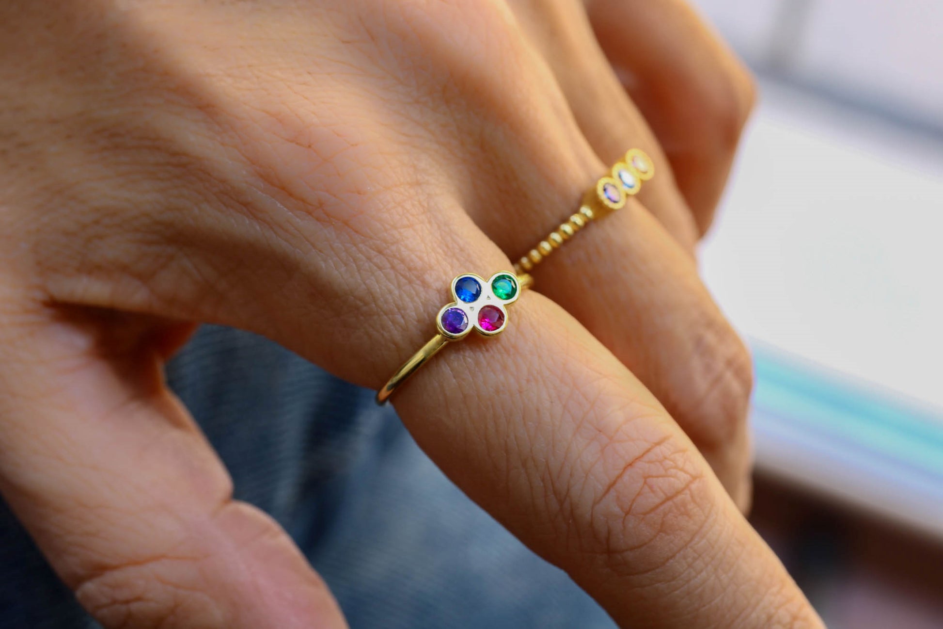 Tiny Birthstone Dainty Ring, Mothers Ring Stones, Gold