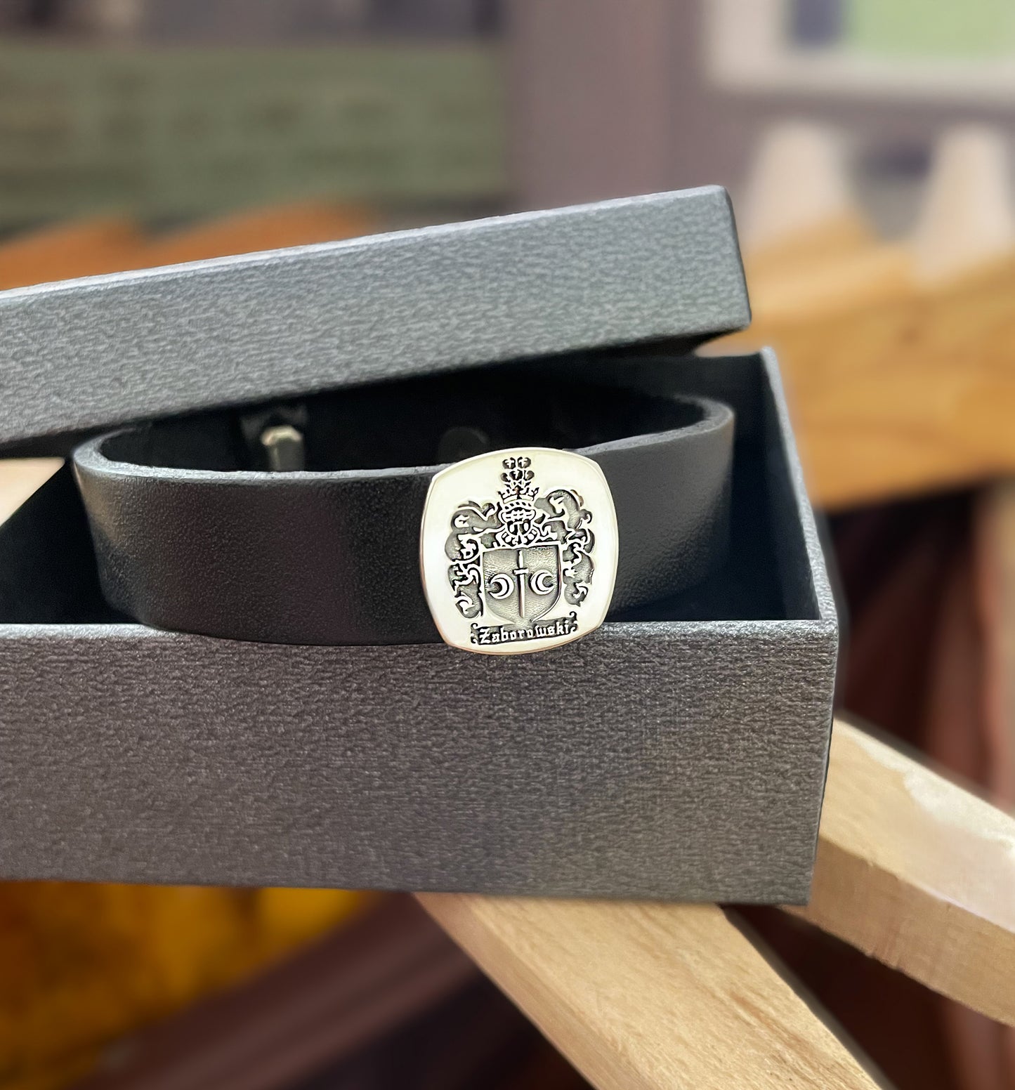 Custom Family Crest Men’s Bracelet – Coat of Arms Engraved Sterling Silver and Leather Bracelet, Personalized Heritage Jewelry Gift Bracelet for Him