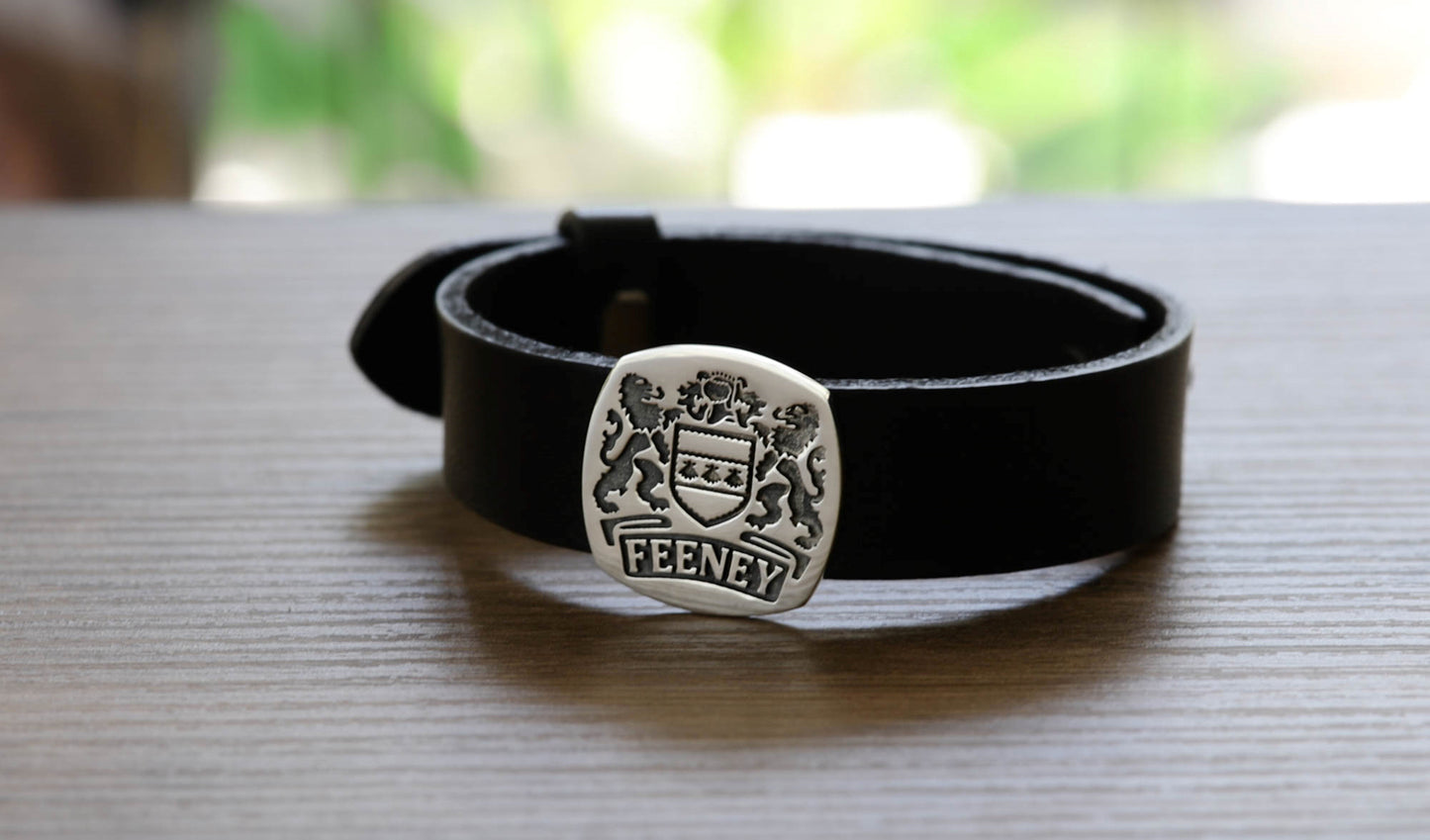 Custom Family Crest Men’s Bracelet – Coat of Arms Engraved Sterling Silver and Leather Bracelet, Personalized Heritage Jewelry Gift Bracelet for Him