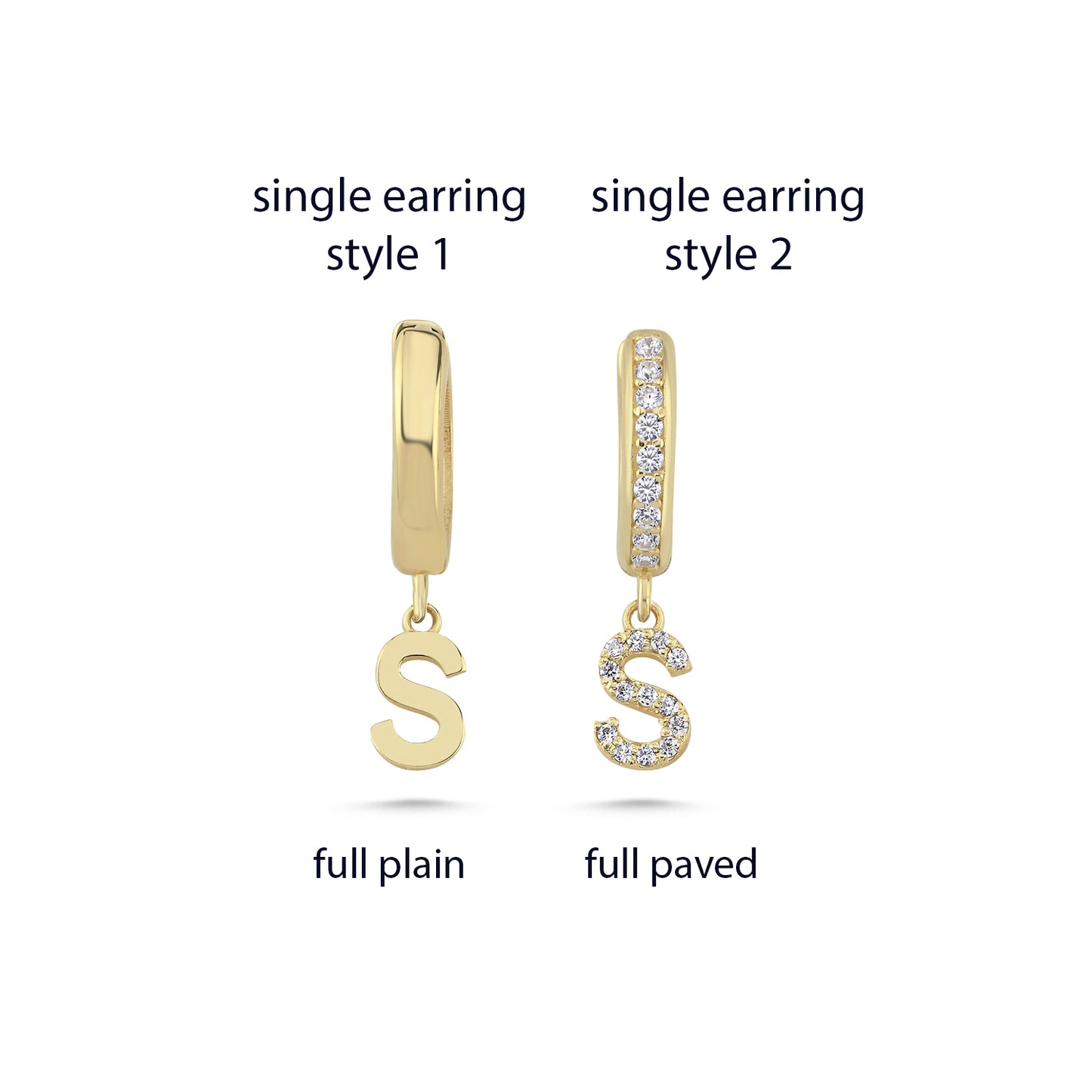 Mismatched set of gold huggie earrings featuring letter S charms.