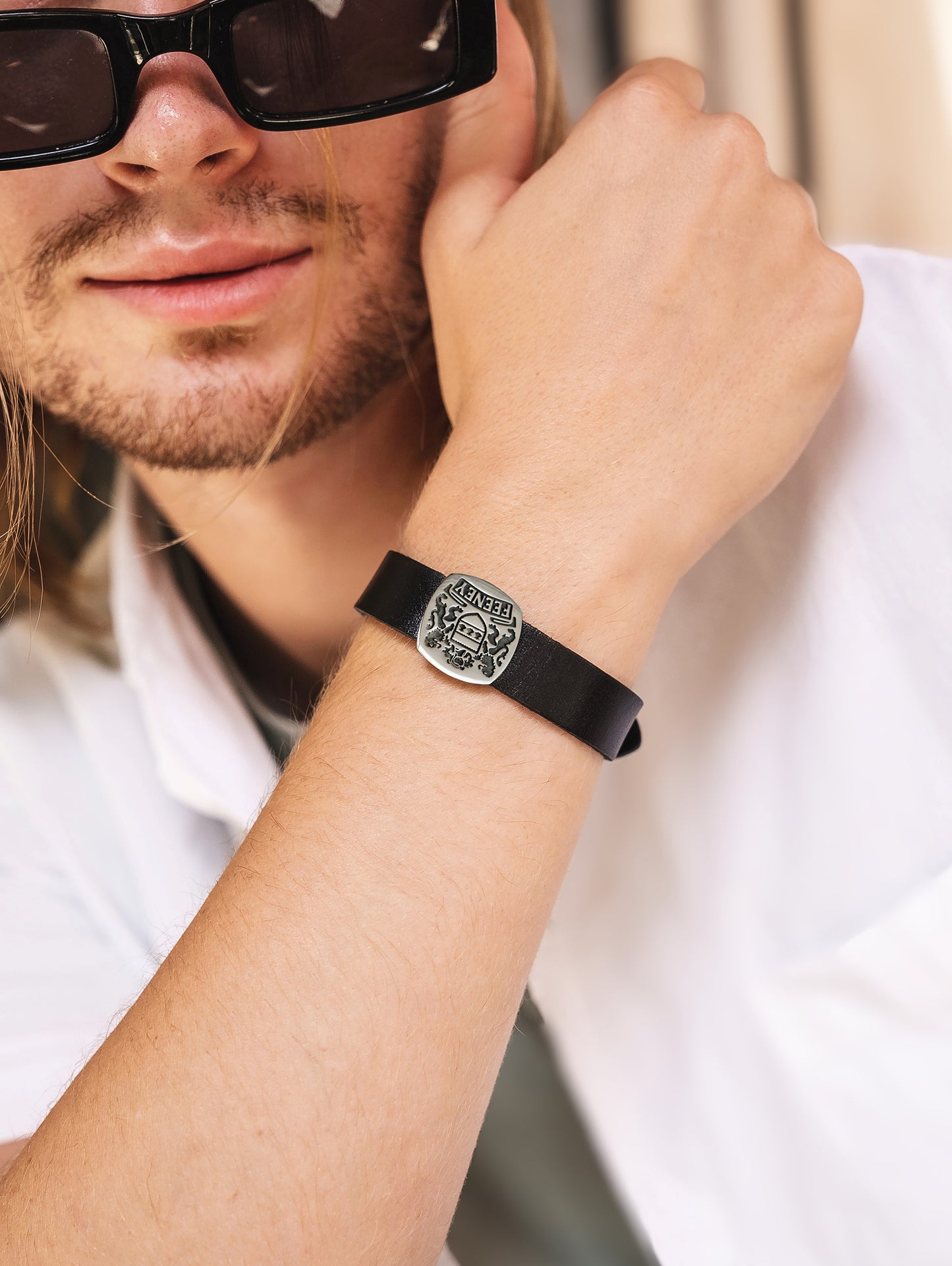 Custom Family Crest Men’s Bracelet – Coat of Arms Engraved Sterling Silver and Leather Bracelet, Personalized Heritage Jewelry Gift Bracelet for Him