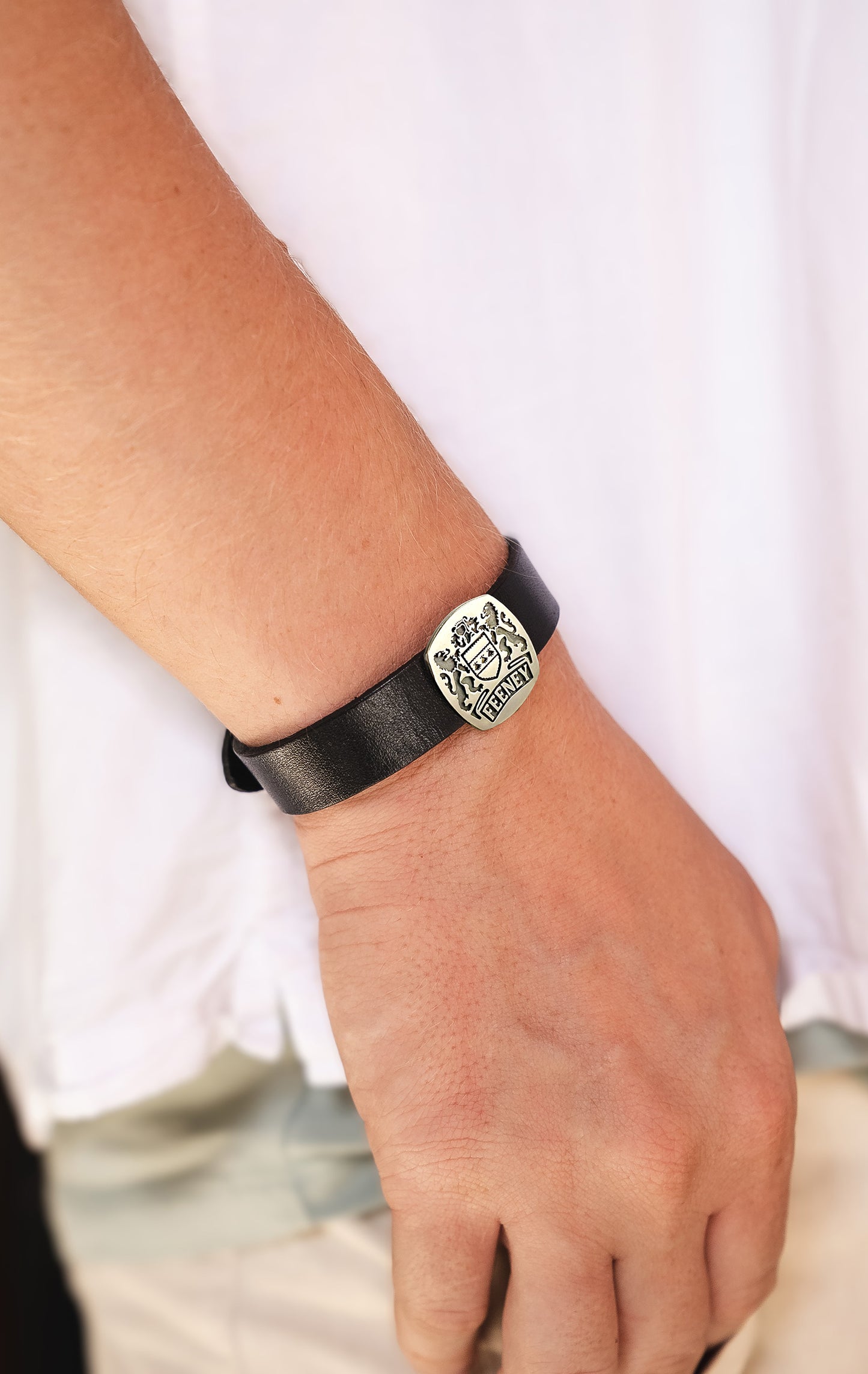 Custom Family Crest Men’s Bracelet – Coat of Arms Engraved Sterling Silver and Leather Bracelet, Personalized Heritage Jewelry Gift Bracelet for Him