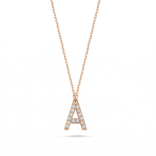 Solid 14k rose gold necklace featuring a diamond paved letter a initial pendant.