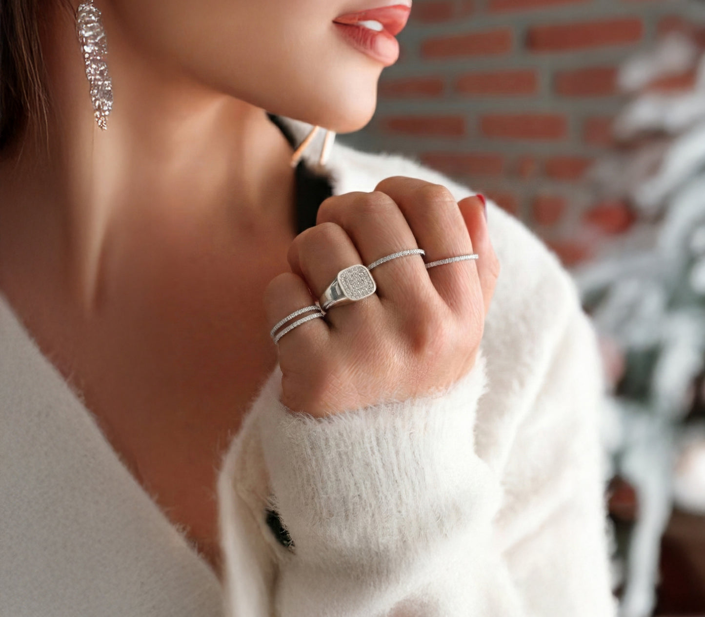 square, diamond paved signet ring stacked with diamond bands