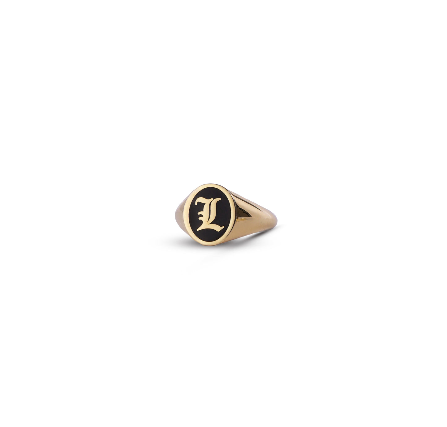 gold "L" initial signet ring with black enamel.