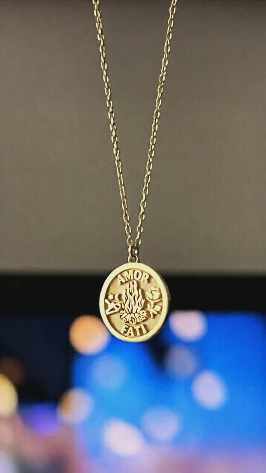Solid Gold Amor Fati Necklace – Love of Fate Stoic Pendant in Gold or Silver