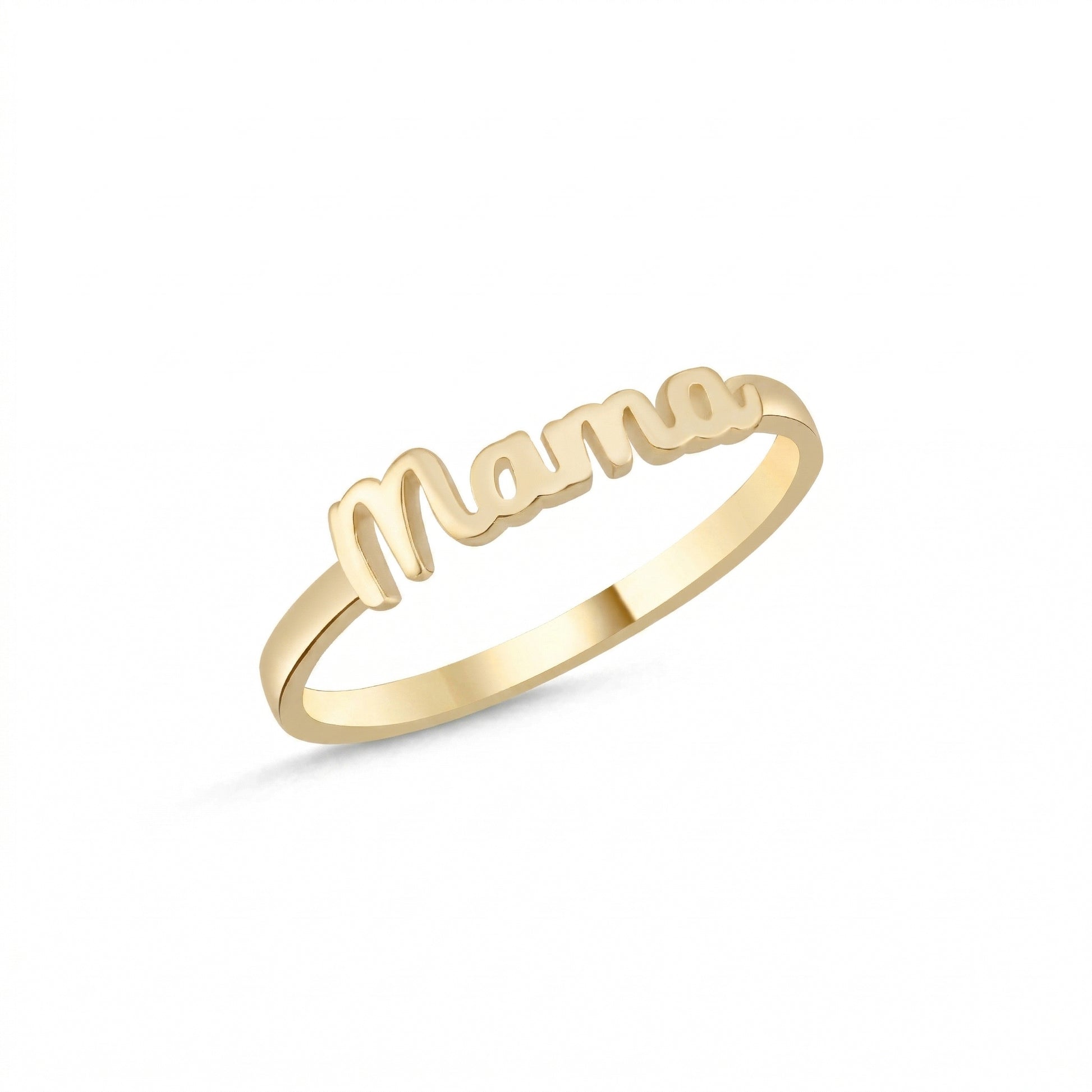 Gold ring with 'mama' engraving on a white background