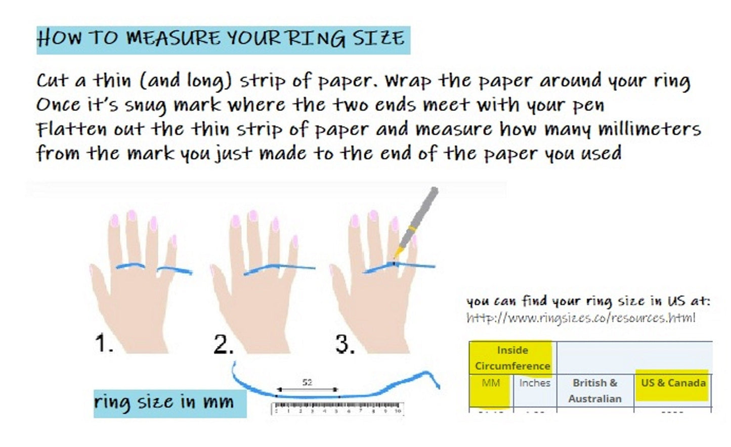 Instructions on how to measure ring size using a strip of paper.
