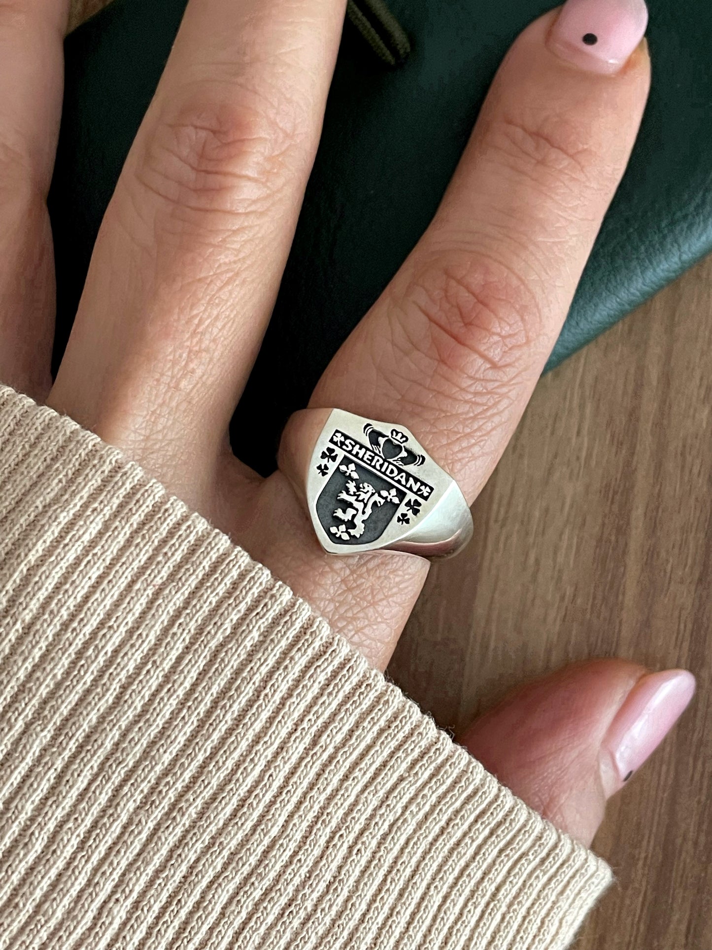 Custom Shield Family Crest Signet Ring – Engraved Coat of Arms Jewelry in Sterling Silver or Gold Plated