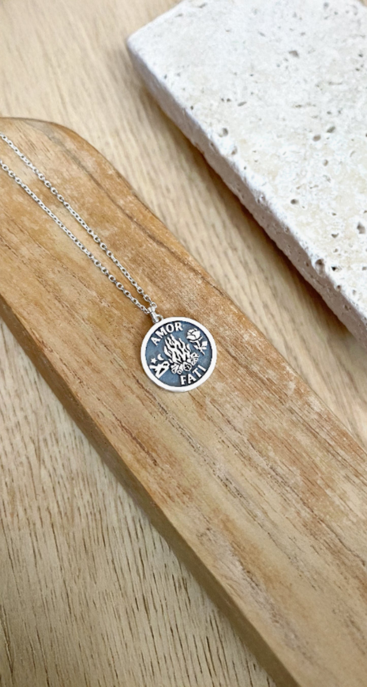 Solid Gold Amor Fati Necklace – Love of Fate Stoic Pendant in Gold or Silver