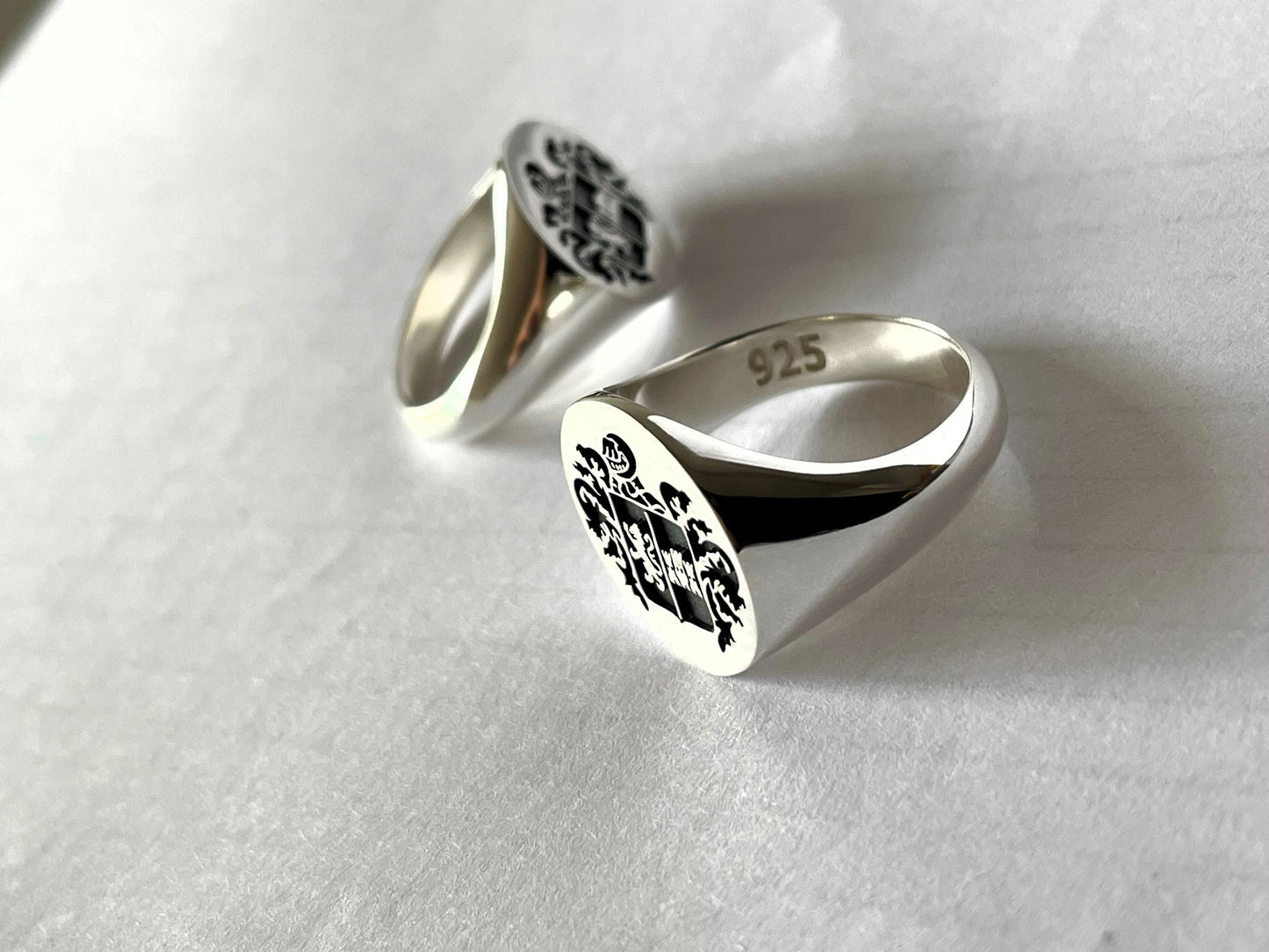 Sterling Silver Family Crest Signet Ring – Custom Engraved Coat of Arms Jewelry in Silver, Gold Plated or Rose Gold Plated