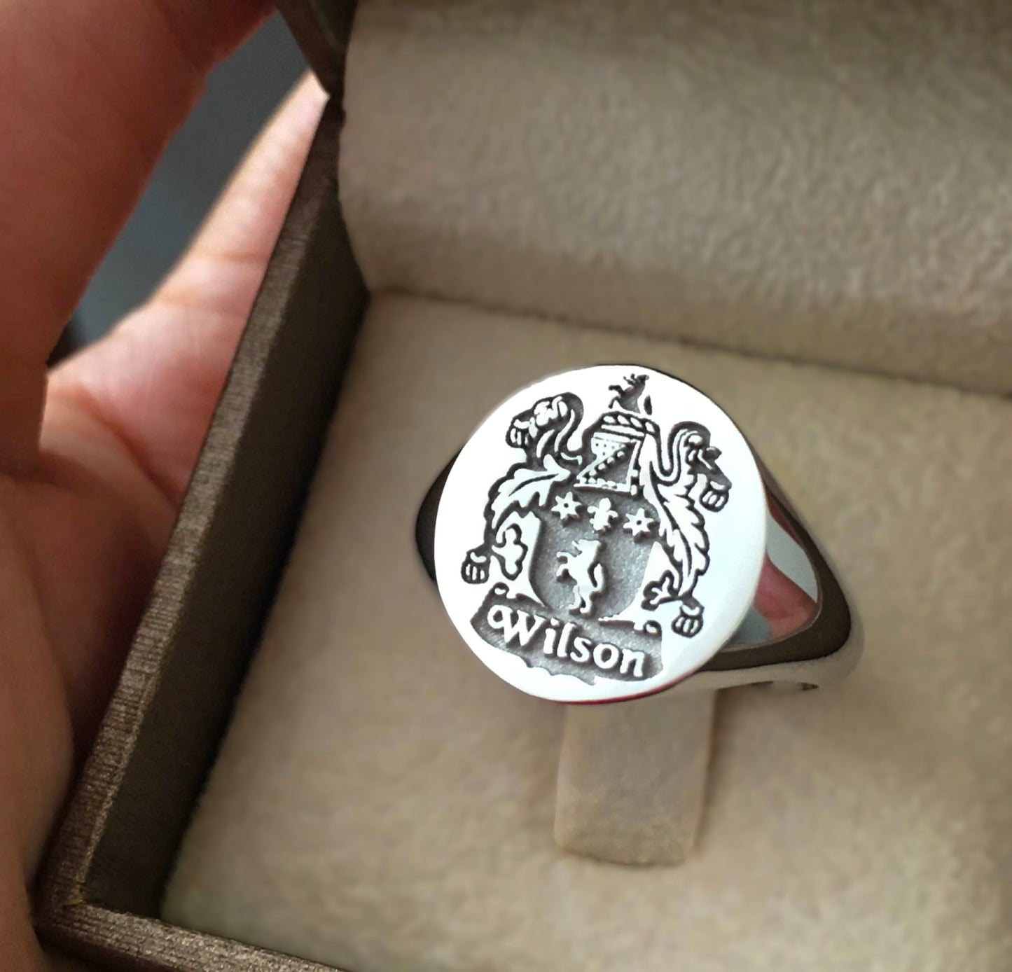 Sterling Silver Family Crest Signet Ring – Custom Engraved Coat of Arms Jewelry in Silver, Gold Plated or Rose Gold Plated